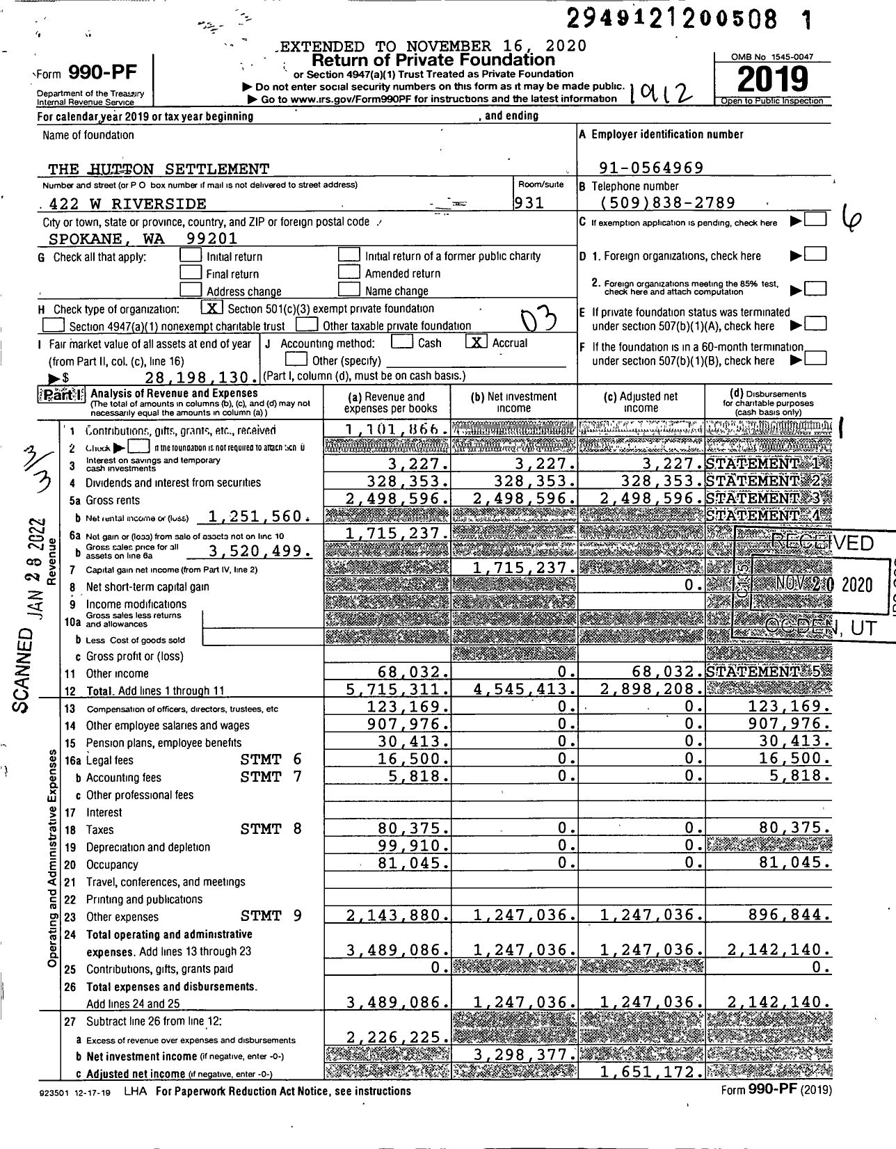 Image of first page of 2019 Form 990PF for The Hutton Settlement
