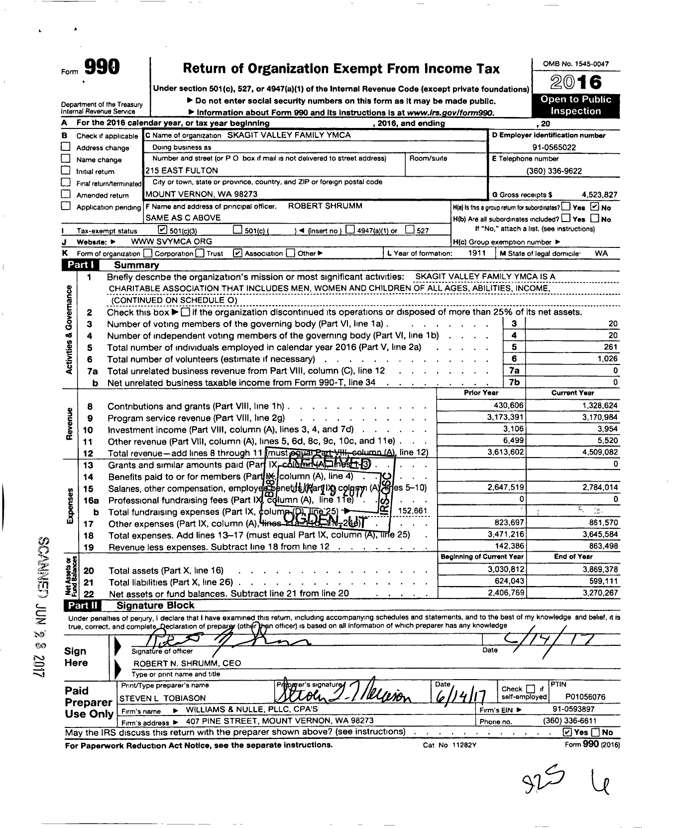 Image of first page of 2016 Form 990 for The Skagit Valley Family YMCA