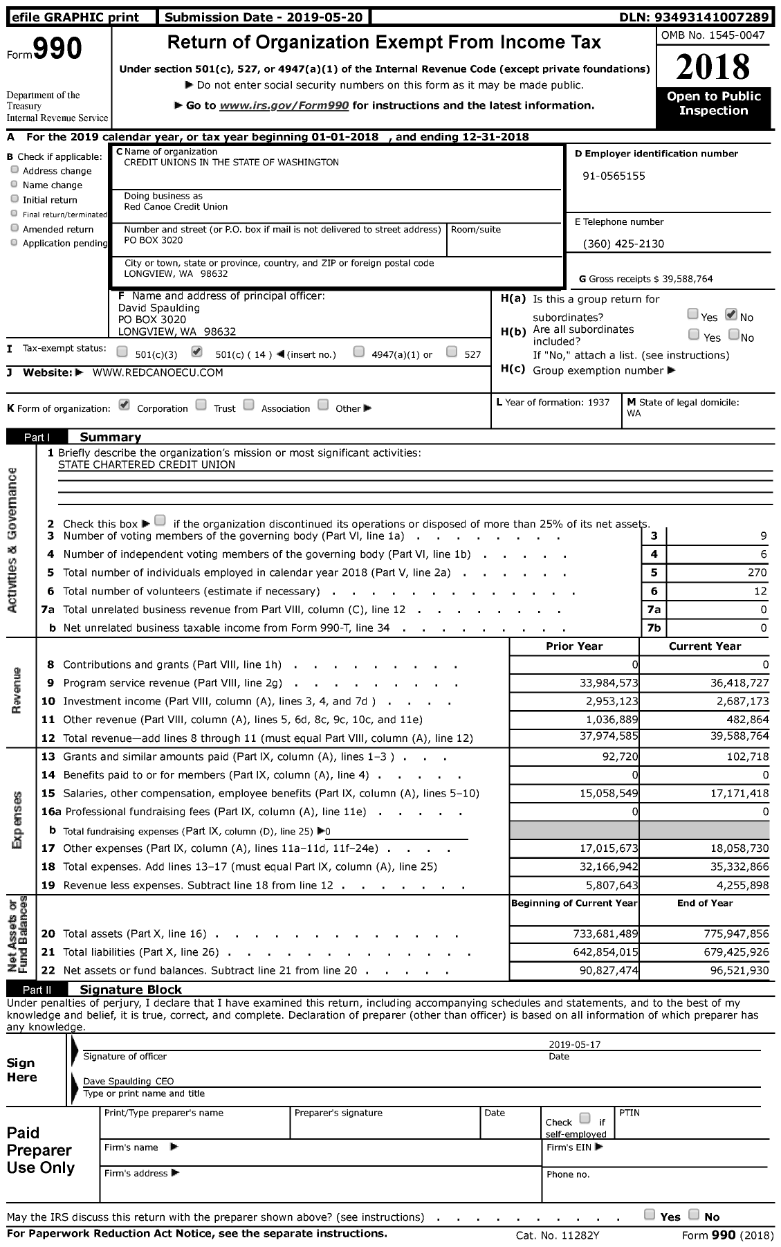 Image of first page of 2018 Form 990 for Red Canoe Credit Union / Credit Unions in the State of Washington