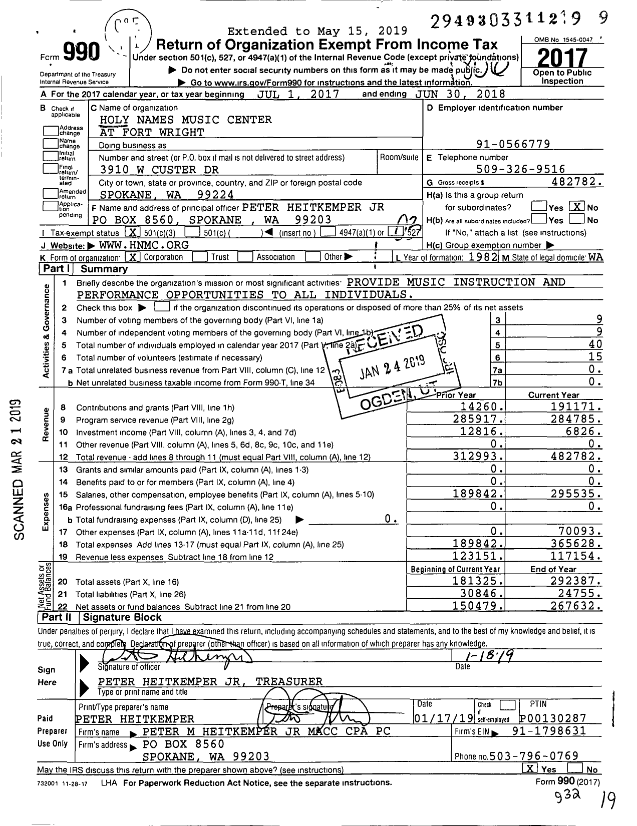 Image of first page of 2017 Form 990 for Holy Names Music Center at Fort Wright