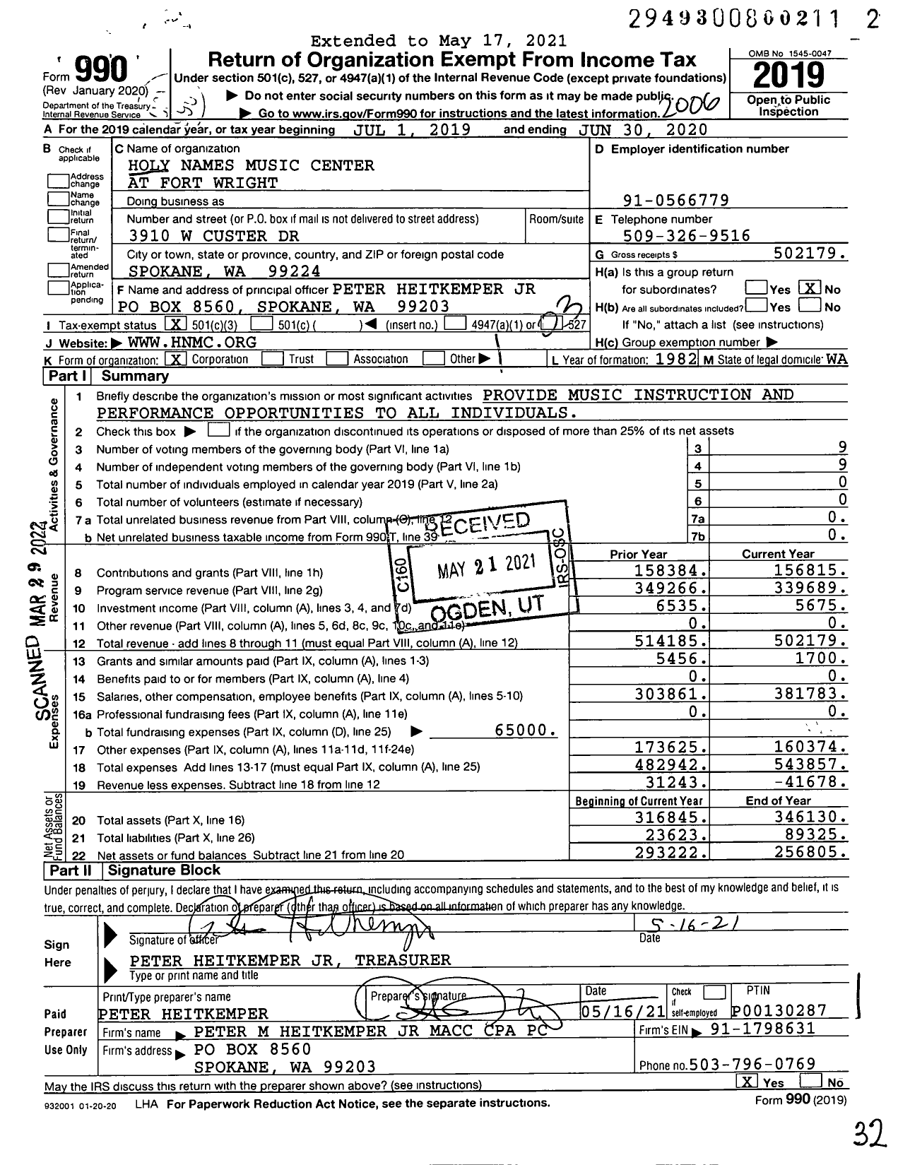 Image of first page of 2019 Form 990 for Holy Names Music Center at Fort Wright