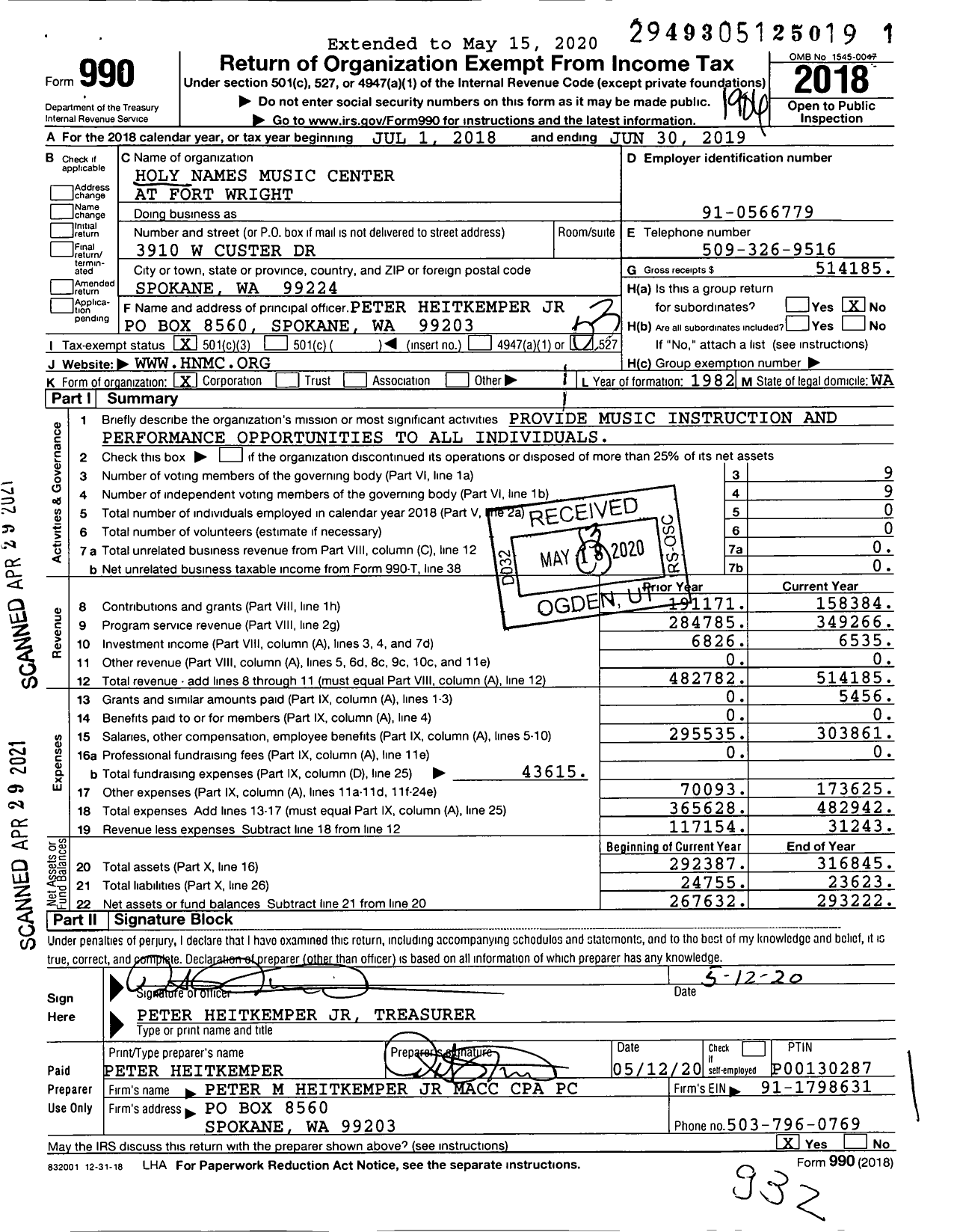 Image of first page of 2018 Form 990 for Holy Names Music Center at Fort Wright