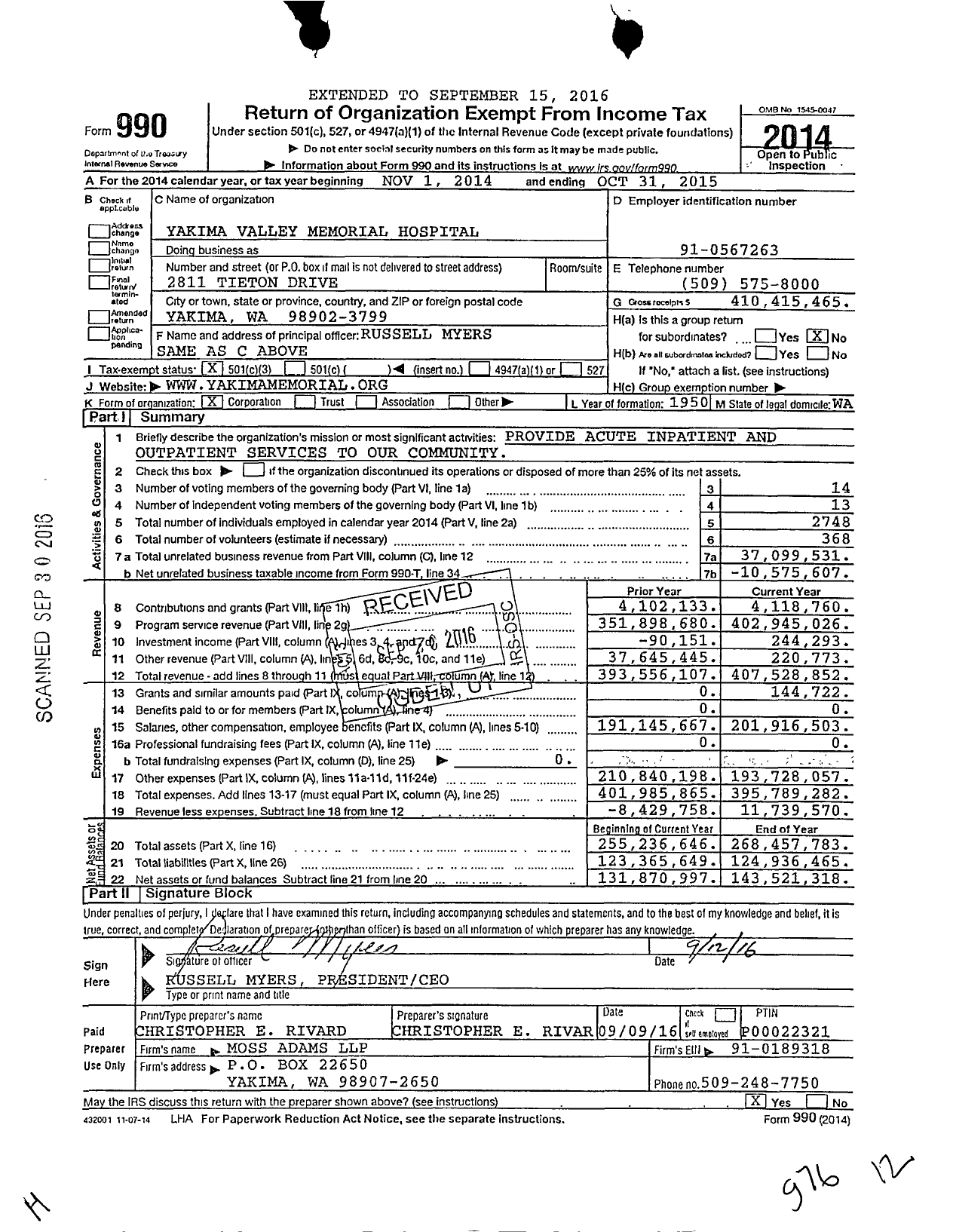 Image of first page of 2014 Form 990 for Virginia Mason Memorial