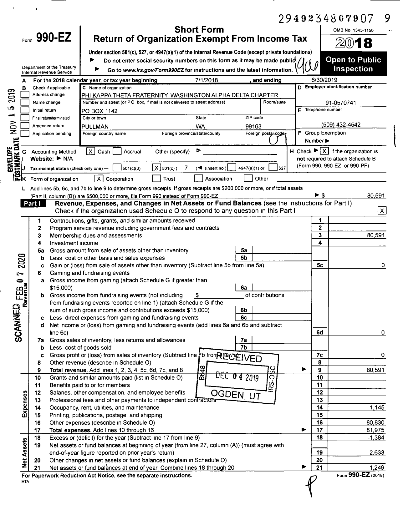 Image of first page of 2018 Form 990EO for Phi Kappa Theta Fraternity Washington Alpha Delta Chapter