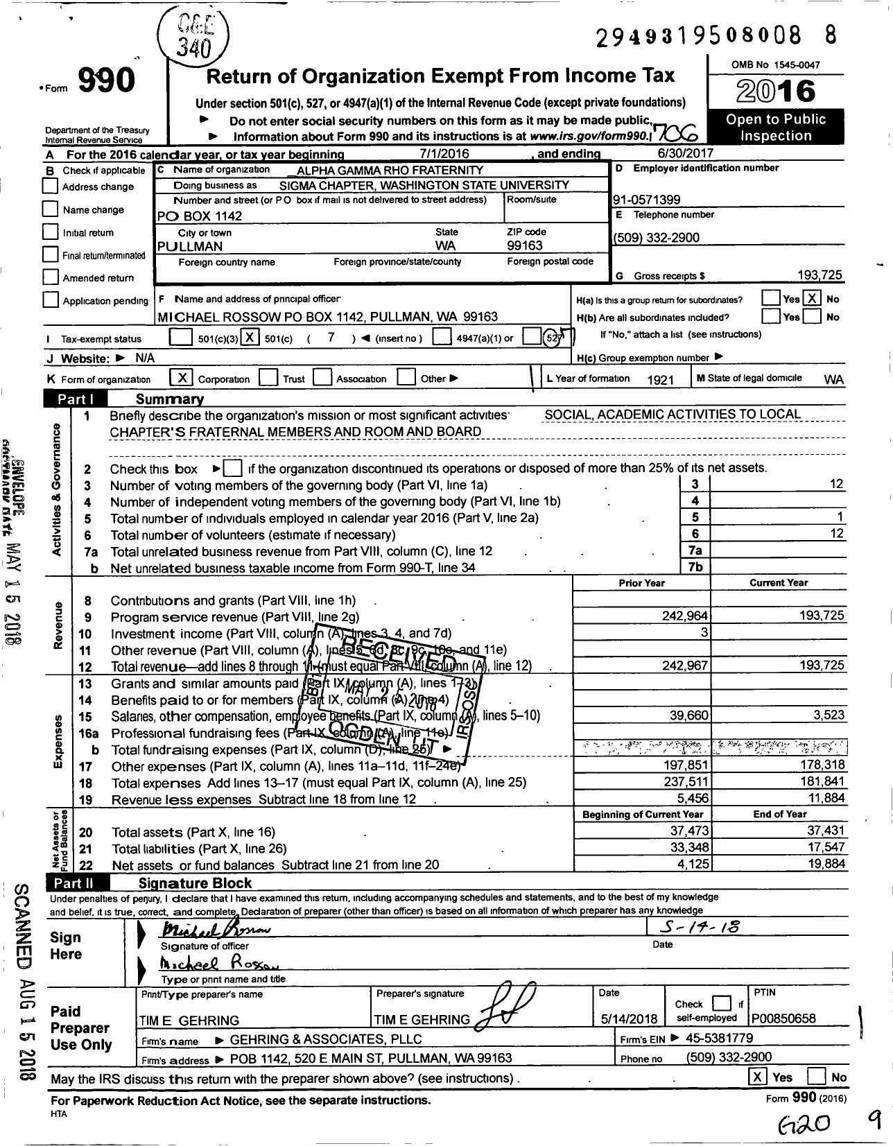 Image of first page of 2016 Form 990O for Alpha Gamma Rho Fraternity