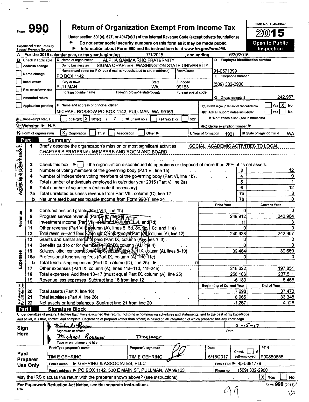 Image of first page of 2015 Form 990O for Alpha Gamma Rho Fraternity