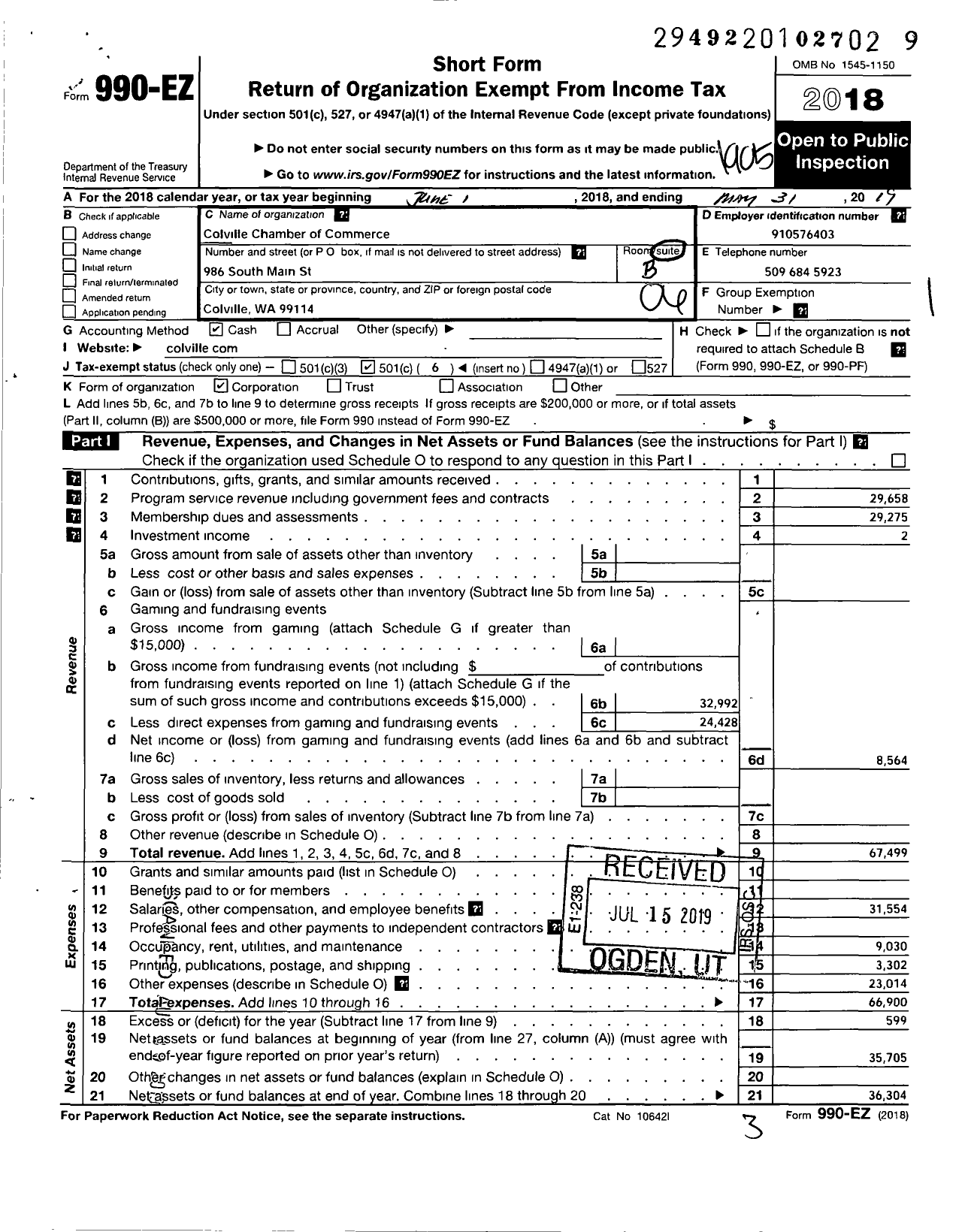 Image of first page of 2018 Form 990EO for Colville Chamber of Commerce