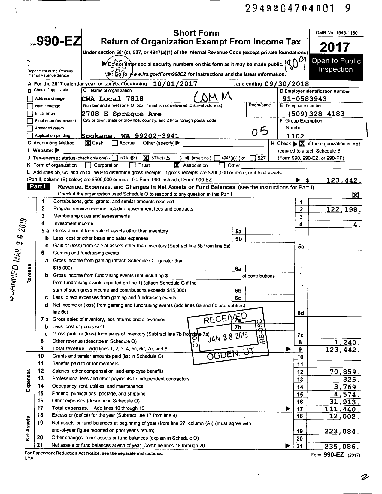 Image of first page of 2017 Form 990EO for Communications Workers of America - 7818 Local