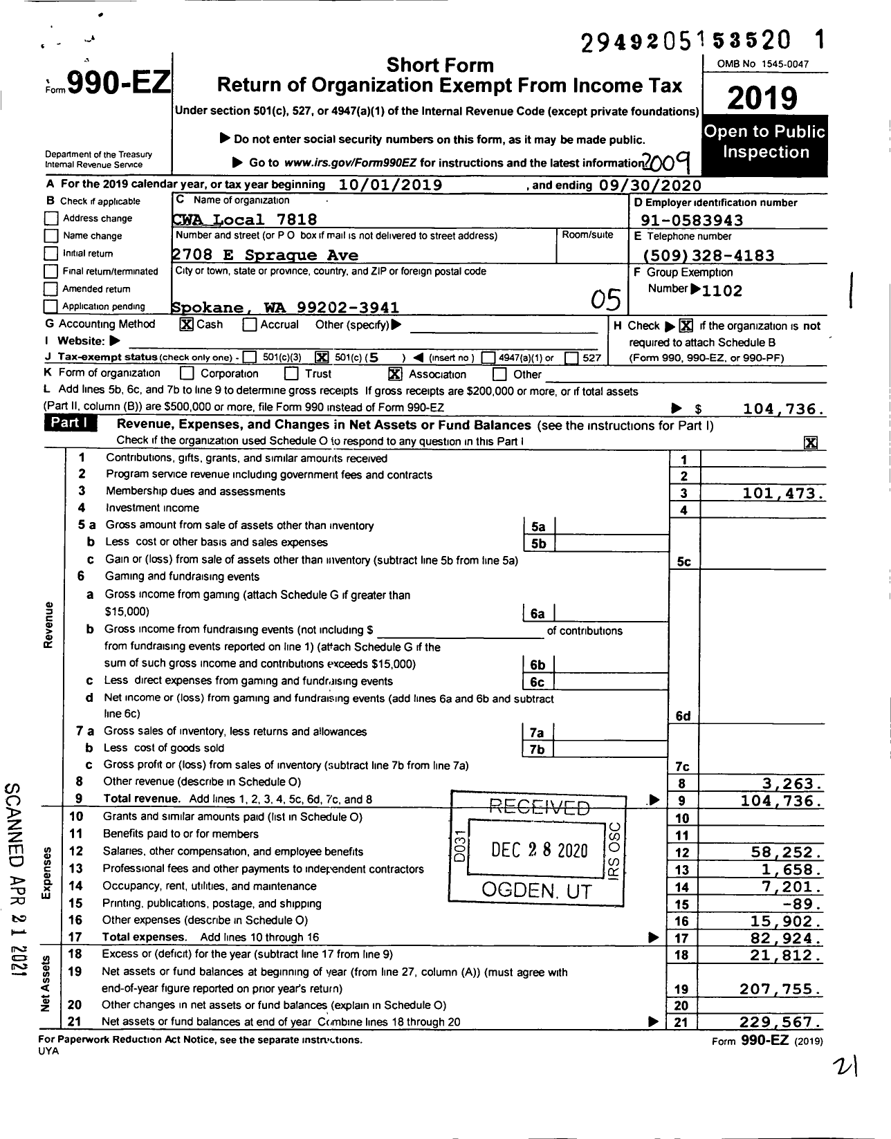 Image of first page of 2019 Form 990EO for Communications Workers of America - 7818 Local