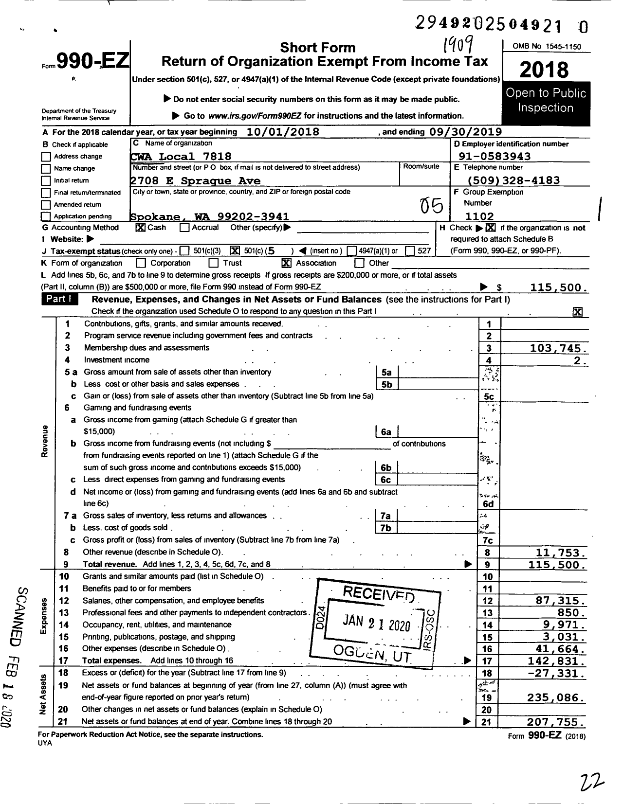 Image of first page of 2018 Form 990EO for Communications Workers of America - 7818 Local