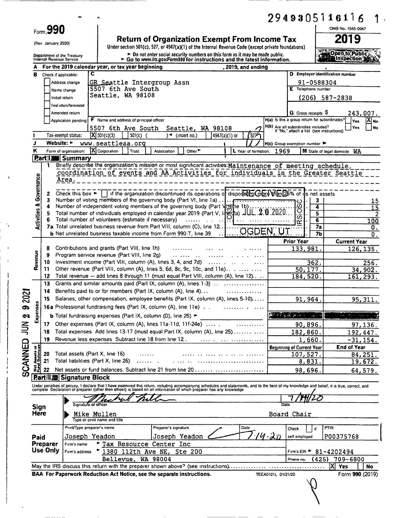 Image of first page of 2019 Form 990 for Greater Seattle Intergroup Assn Of Alcoholics Anonynous