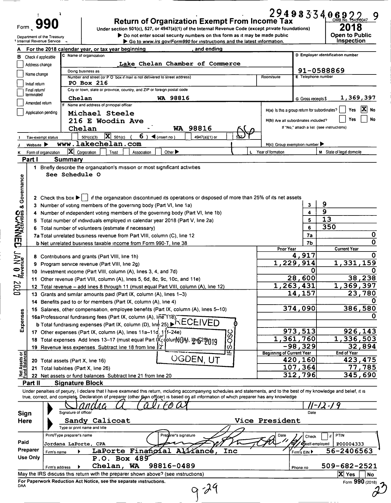 Image of first page of 2018 Form 990O for Lake Chelan Chamber of Commerce