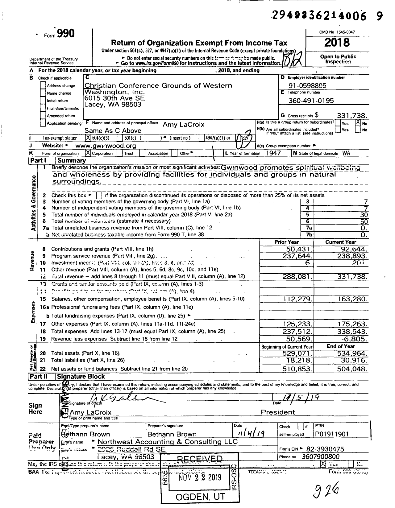 Image of first page of 2018 Form 990 for Gwinwood Retreat Center