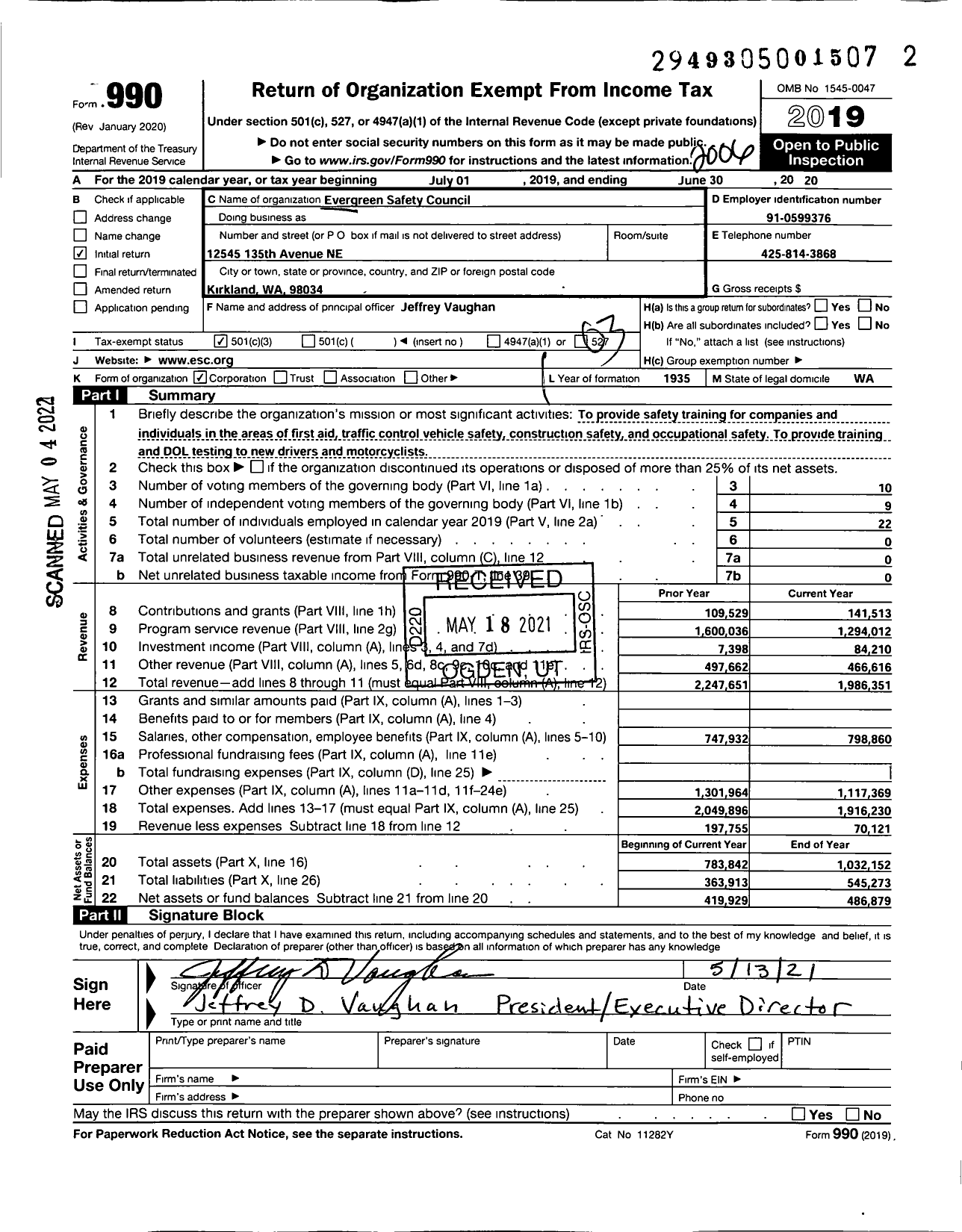 Image of first page of 2019 Form 990 for Evergreen Safety Council (ESC)