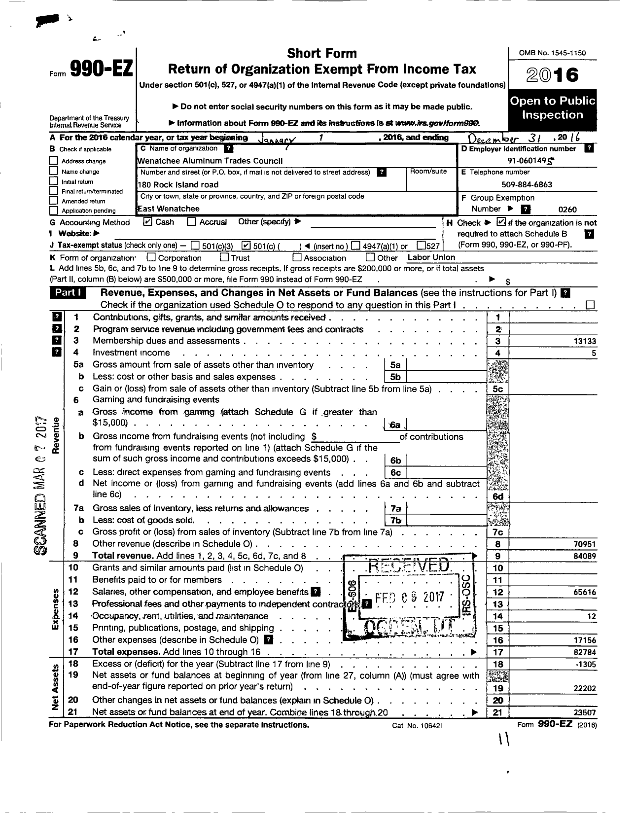 Image of first page of 2016 Form 990EO for Wenatchee Aluminum Trades Council