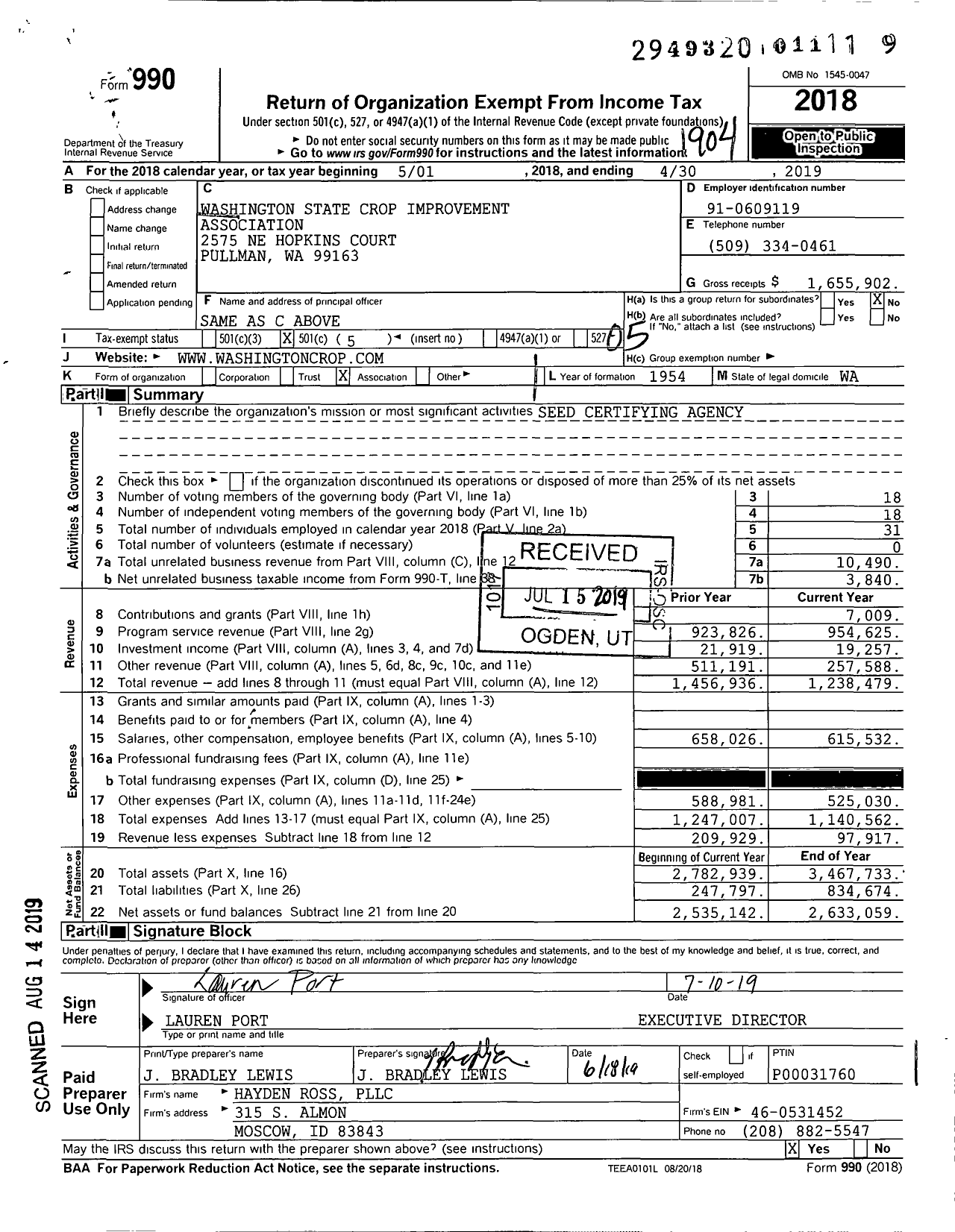 Image of first page of 2018 Form 990O for Washington State Crop Improvement Association