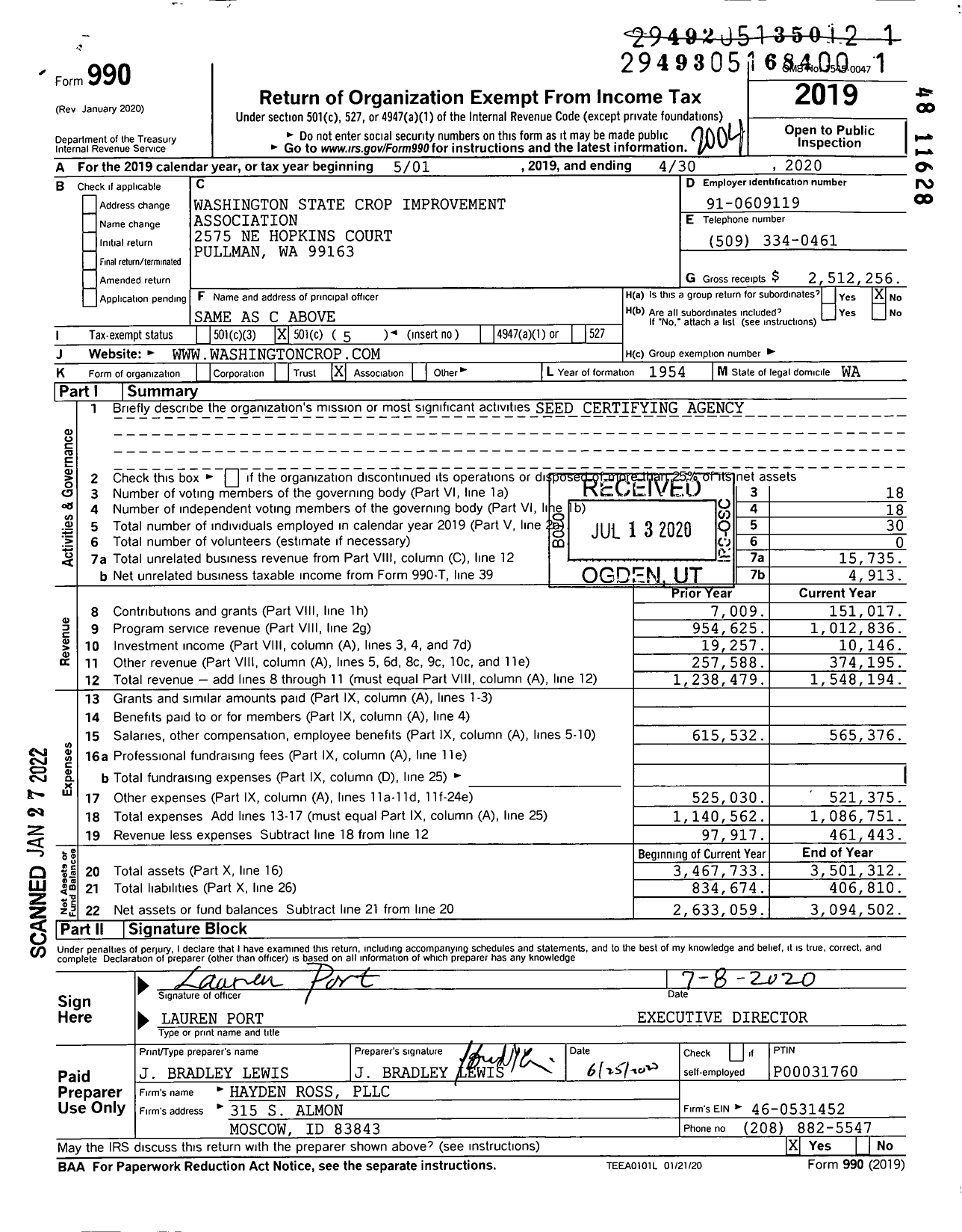 Image of first page of 2019 Form 990O for Washington State Crop Improvement Association