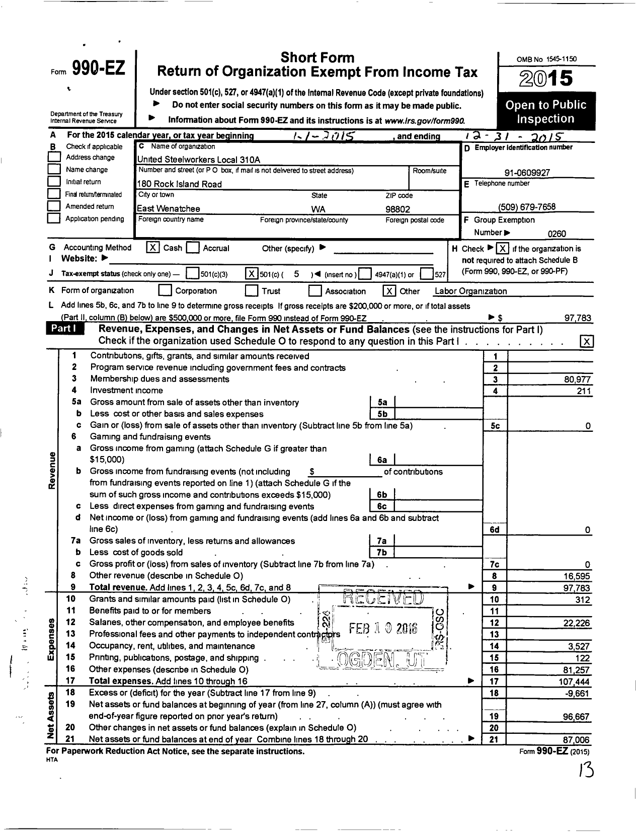 Image of first page of 2015 Form 990EO for United Steelworkers Local 310A