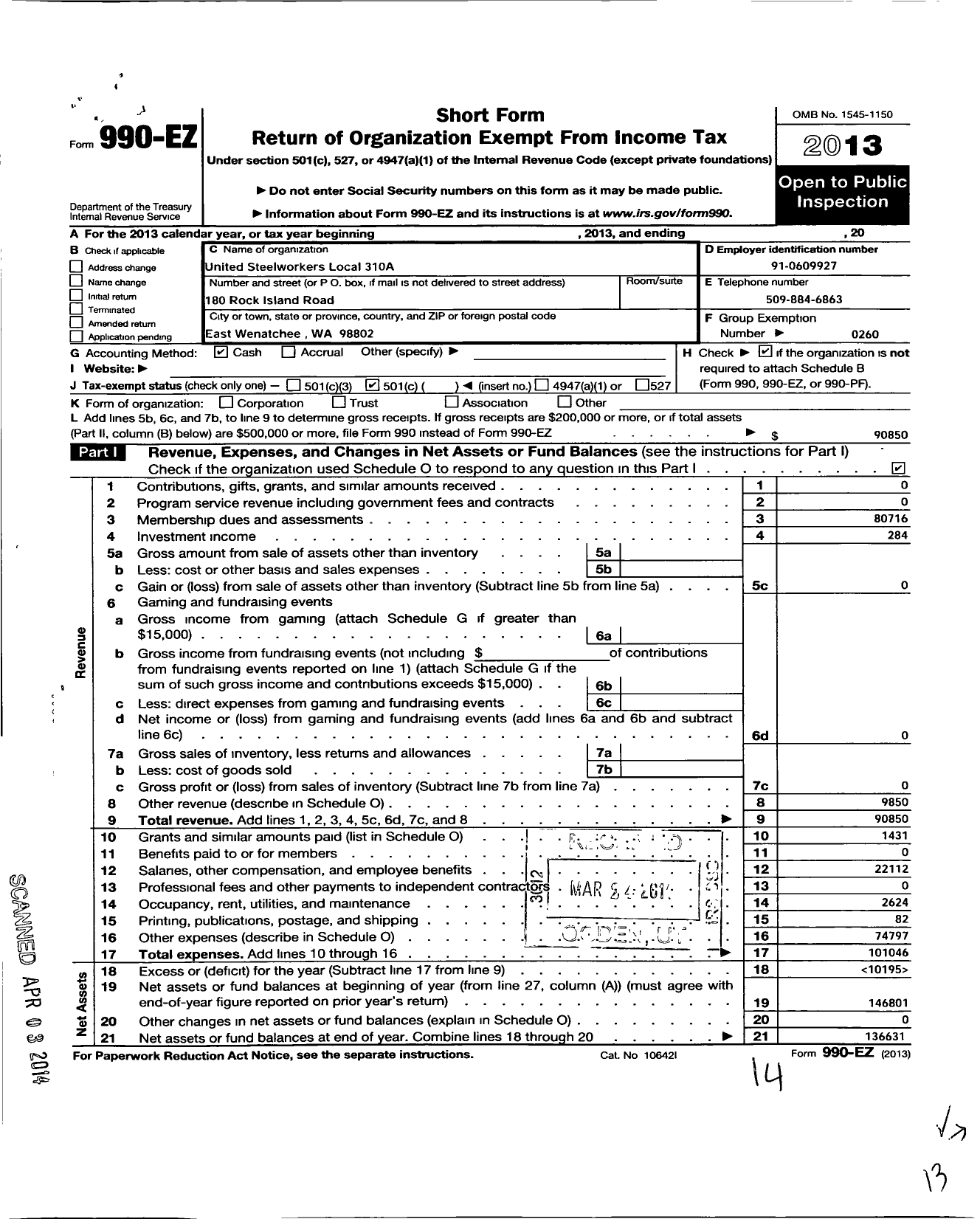 Image of first page of 2013 Form 990EO for United Steelworkers Local 310A