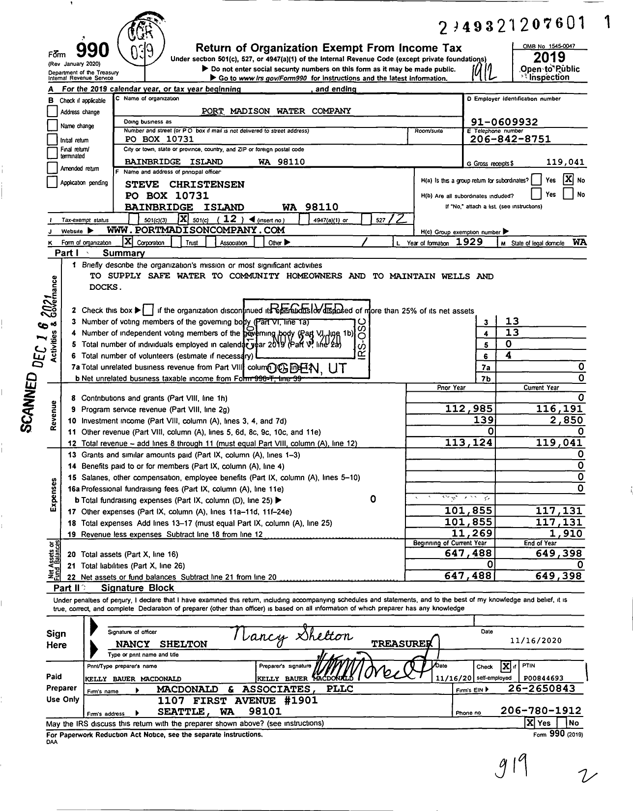 Image of first page of 2019 Form 990O for Port Madison Water Company
