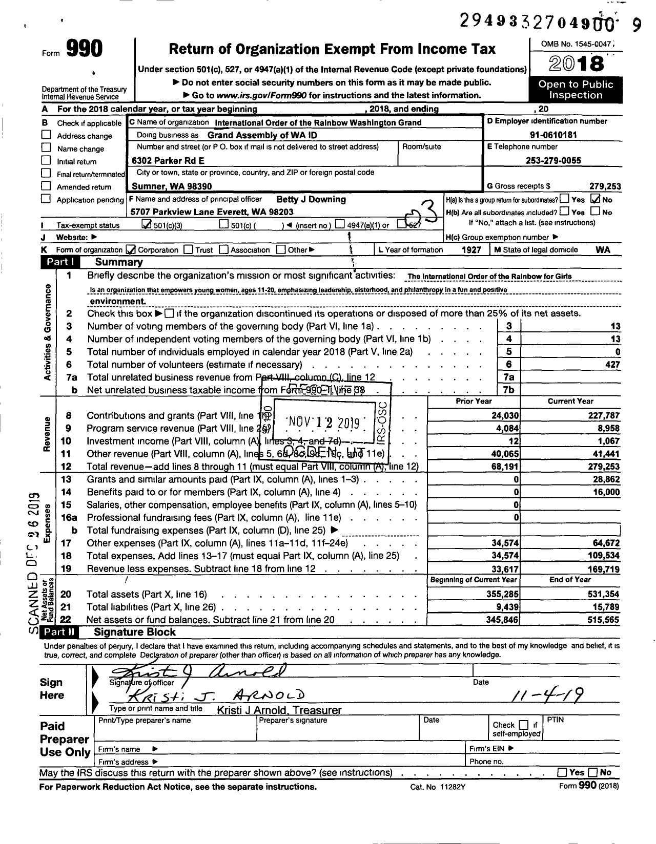 Image of first page of 2018 Form 990 for International Order of the Rainbow Girls - Grand Assembly of Washington Idaho