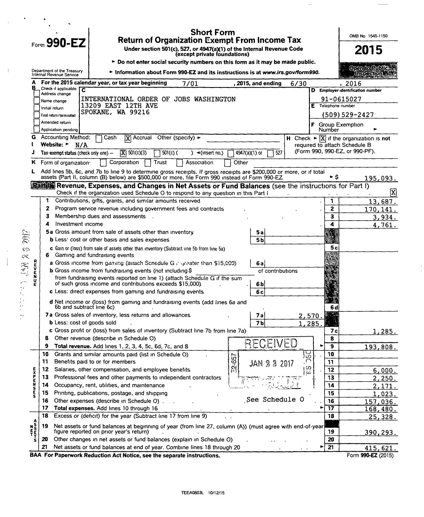 Image of first page of 2015 Form 990EZ for International Order of Jobs Washington