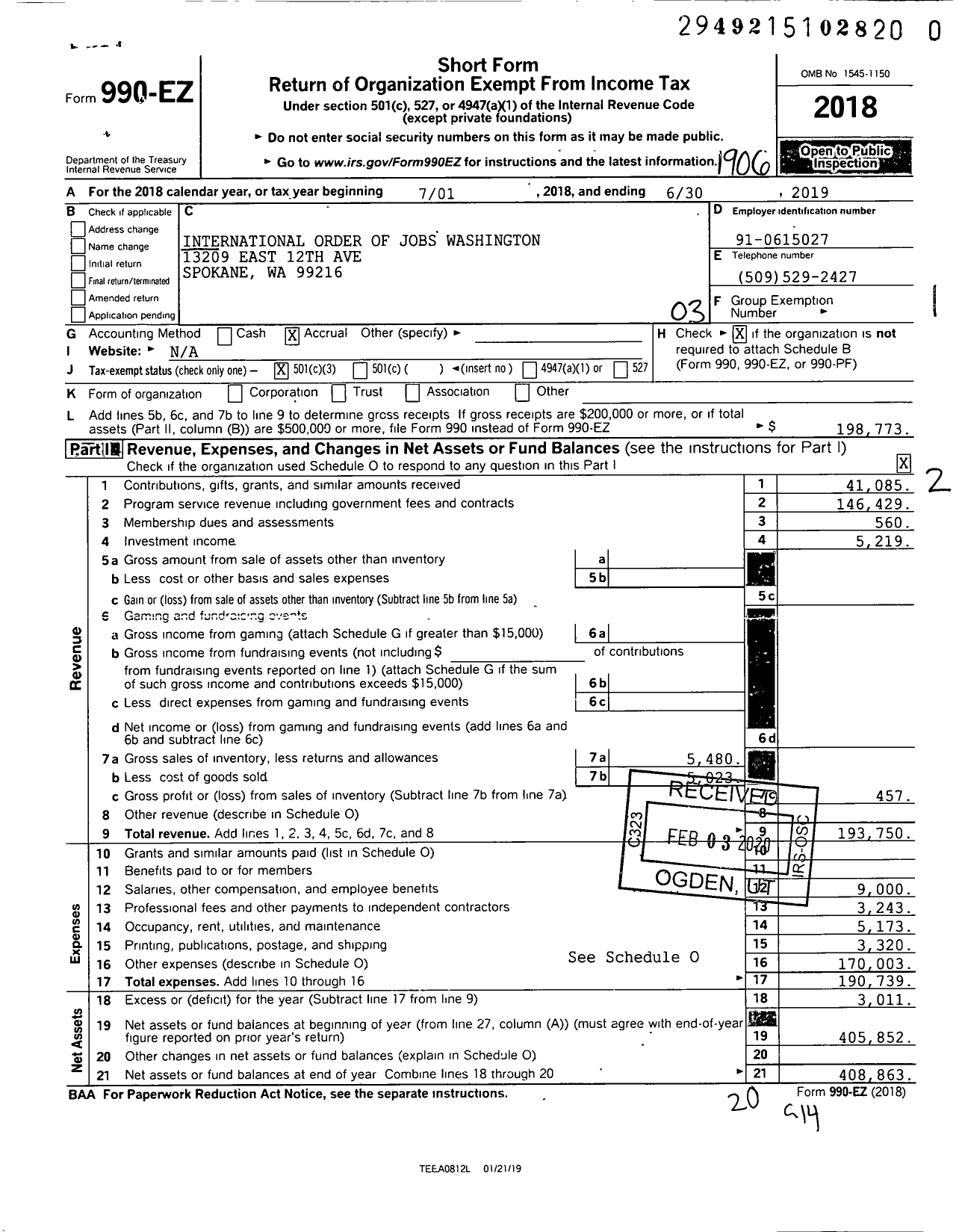 Image of first page of 2018 Form 990EZ for International Order of Jobs Washington