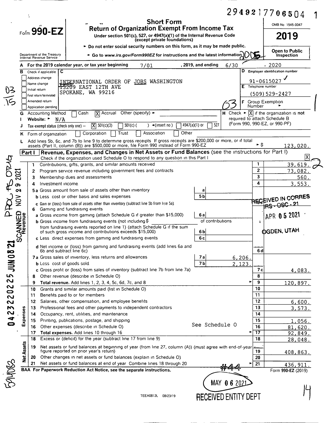 Image of first page of 2019 Form 990EZ for International Order of Jobs Washington