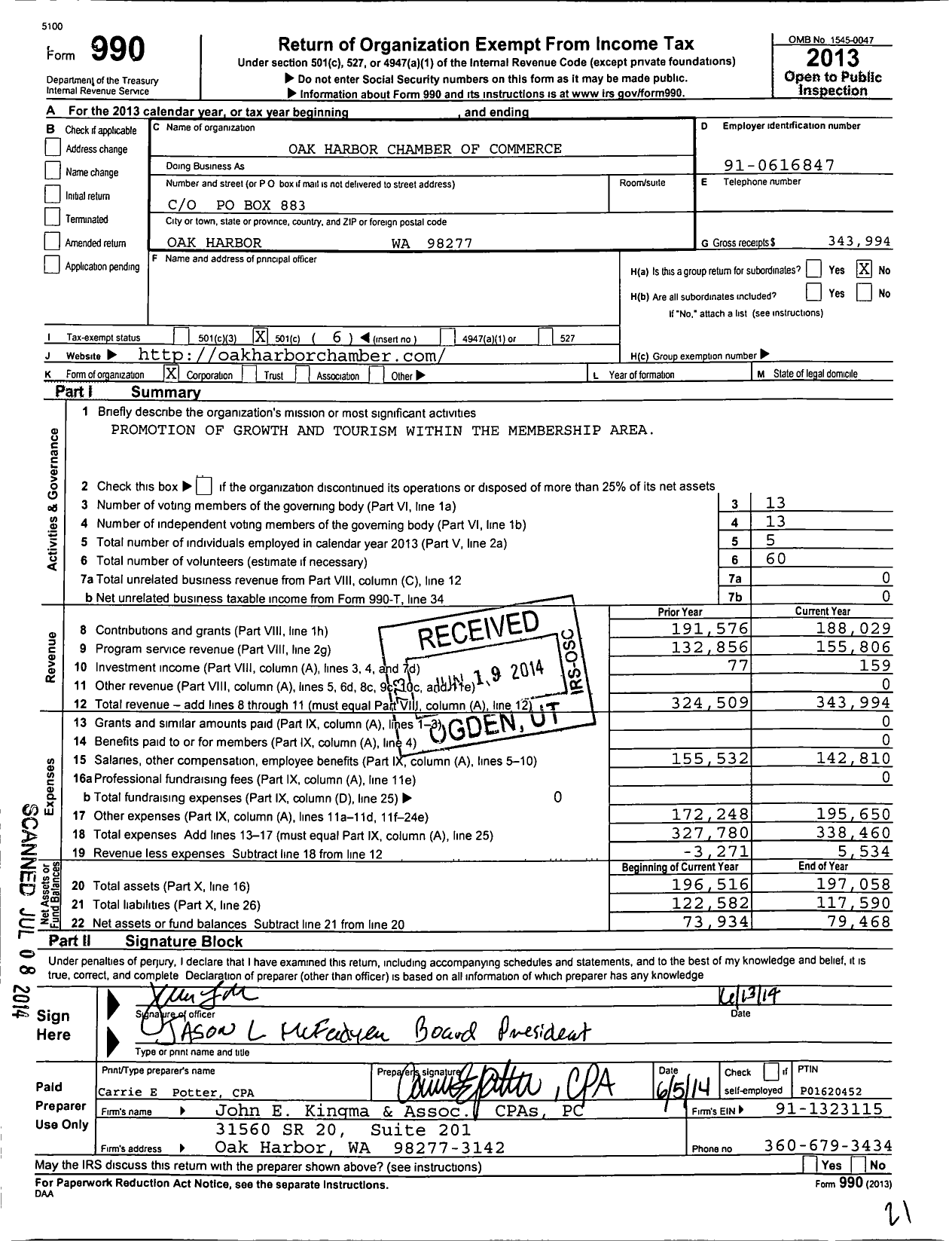 Image of first page of 2013 Form 990O for Oak Harbor Chamber of Commerce