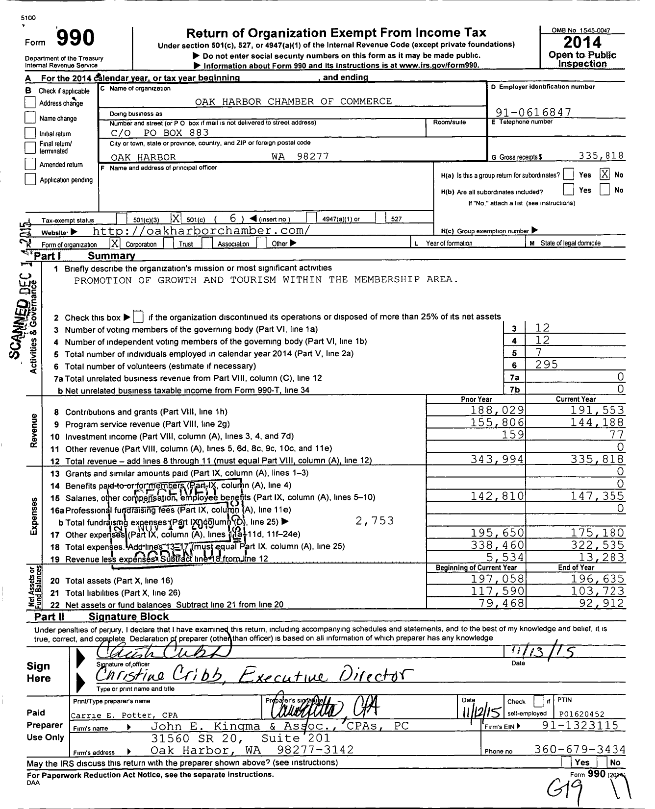 Image of first page of 2014 Form 990O for Oak Harbor Chamber of Commerce