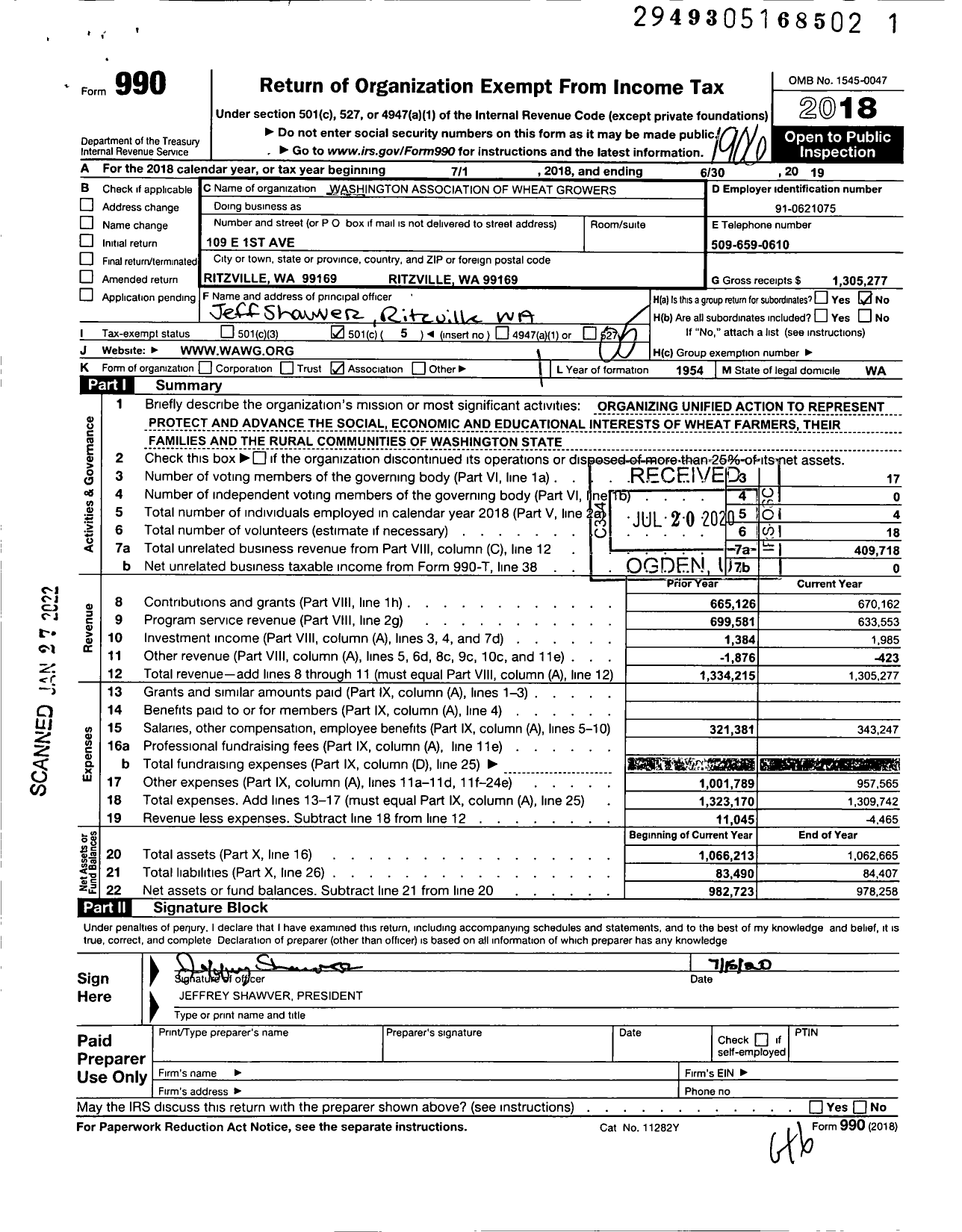 Image of first page of 2018 Form 990O for Washington Association of Wheat Growers