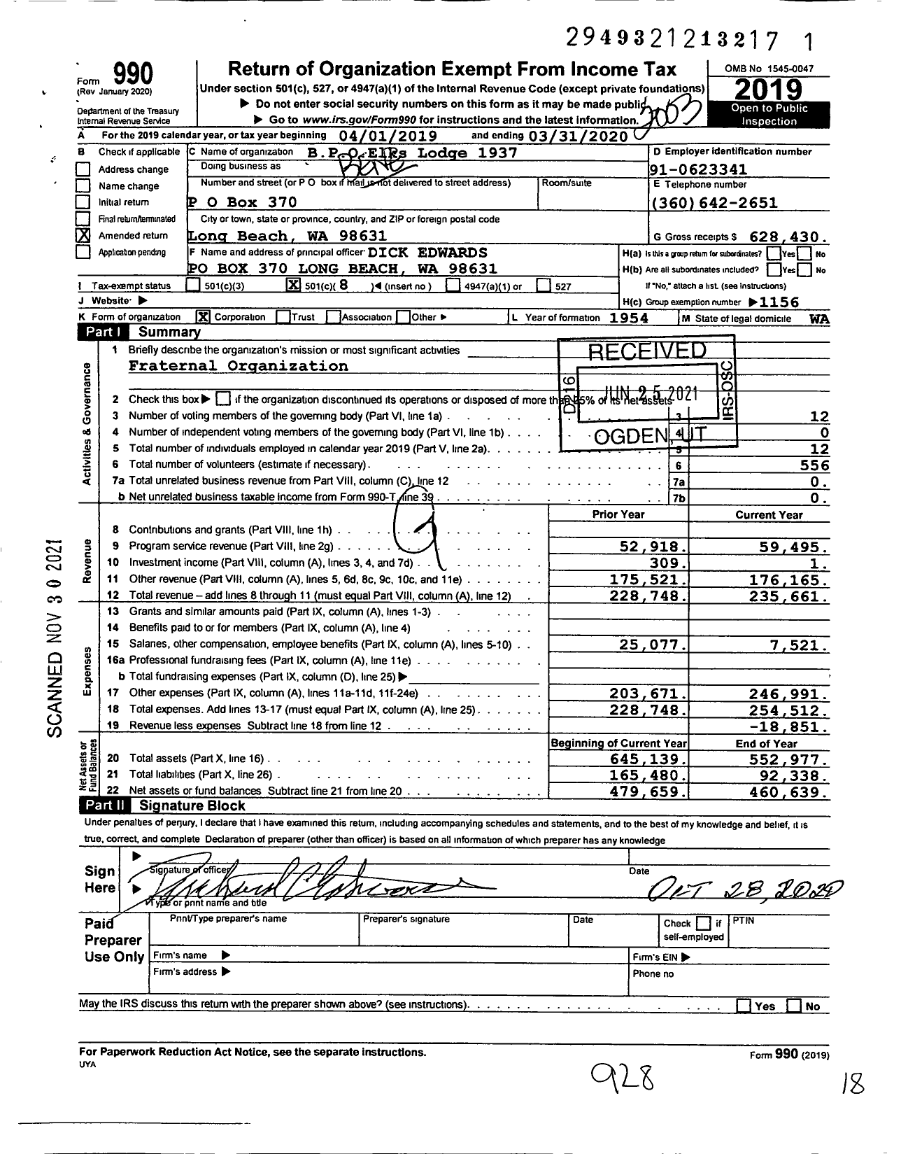 Image of first page of 2019 Form 990O for Benevolent and Protective Order of Elks - 1937 Long Beach