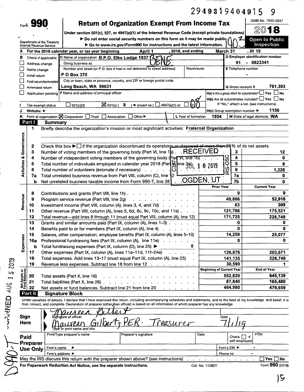 Image of first page of 2018 Form 990O for Benevolent and Protective Order of Elks - 1937 Long Beach