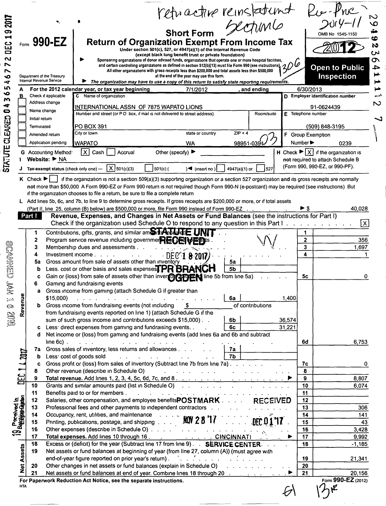 Image of first page of 2012 Form 990EZ for Wapato Lions Club