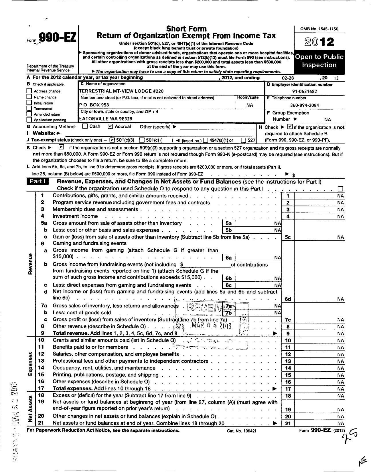 Image of first page of 2012 Form 990EZ for Eatonville Masonic Temple Corporation