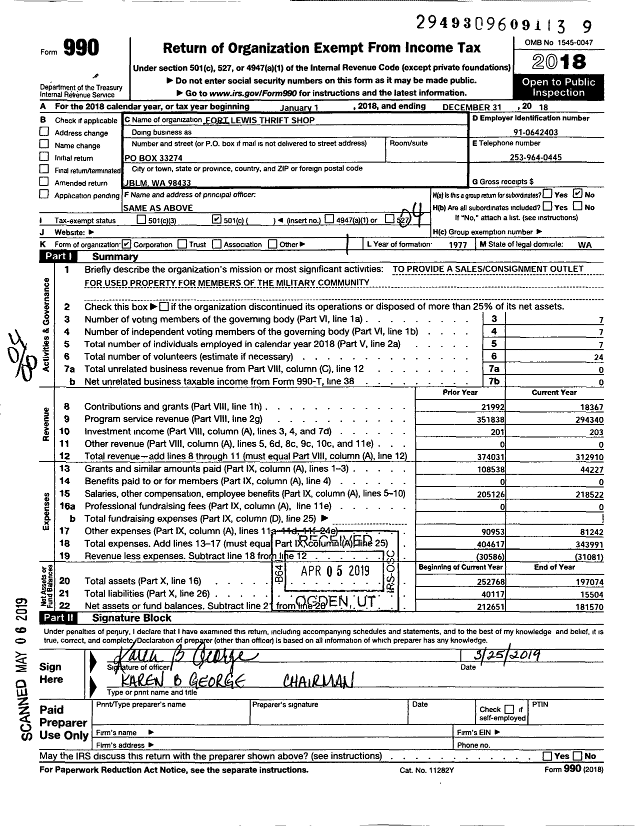 Image of first page of 2018 Form 990O for Fort Lewis Thrift Shop