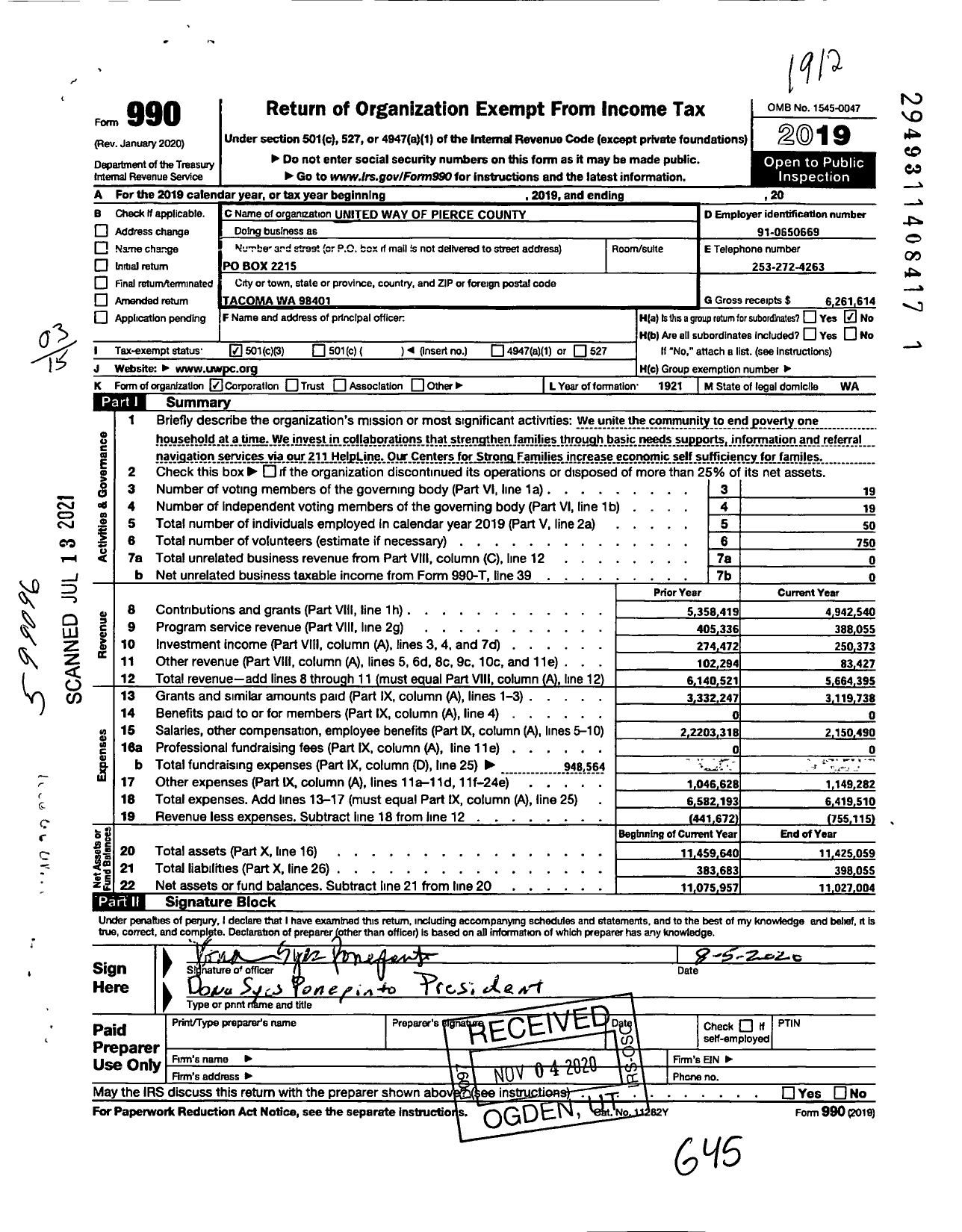 Image of first page of 2019 Form 990 for United Way of Pierce County (UWPC)