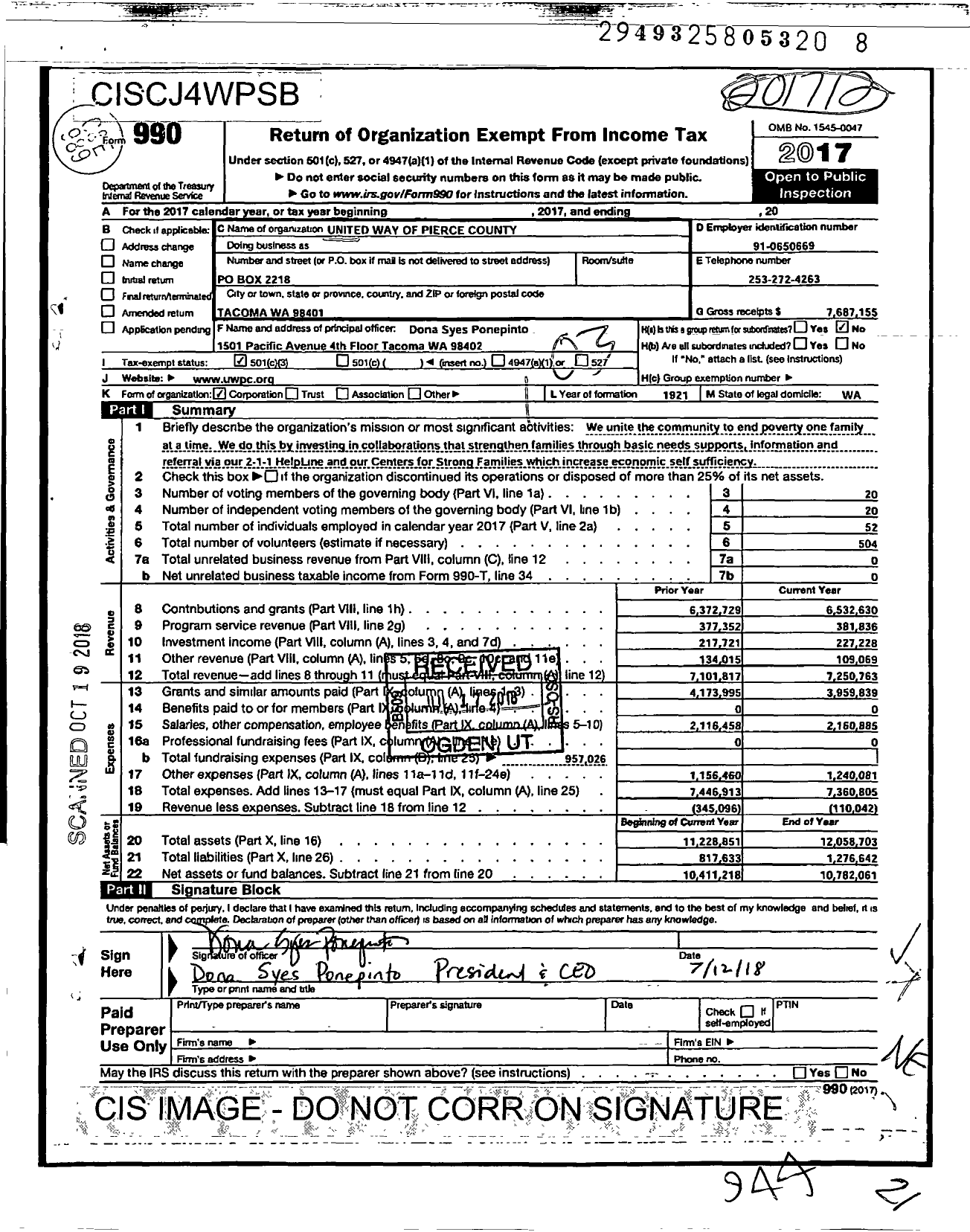 Image of first page of 2017 Form 990 for United Way of Pierce County (UWPC)