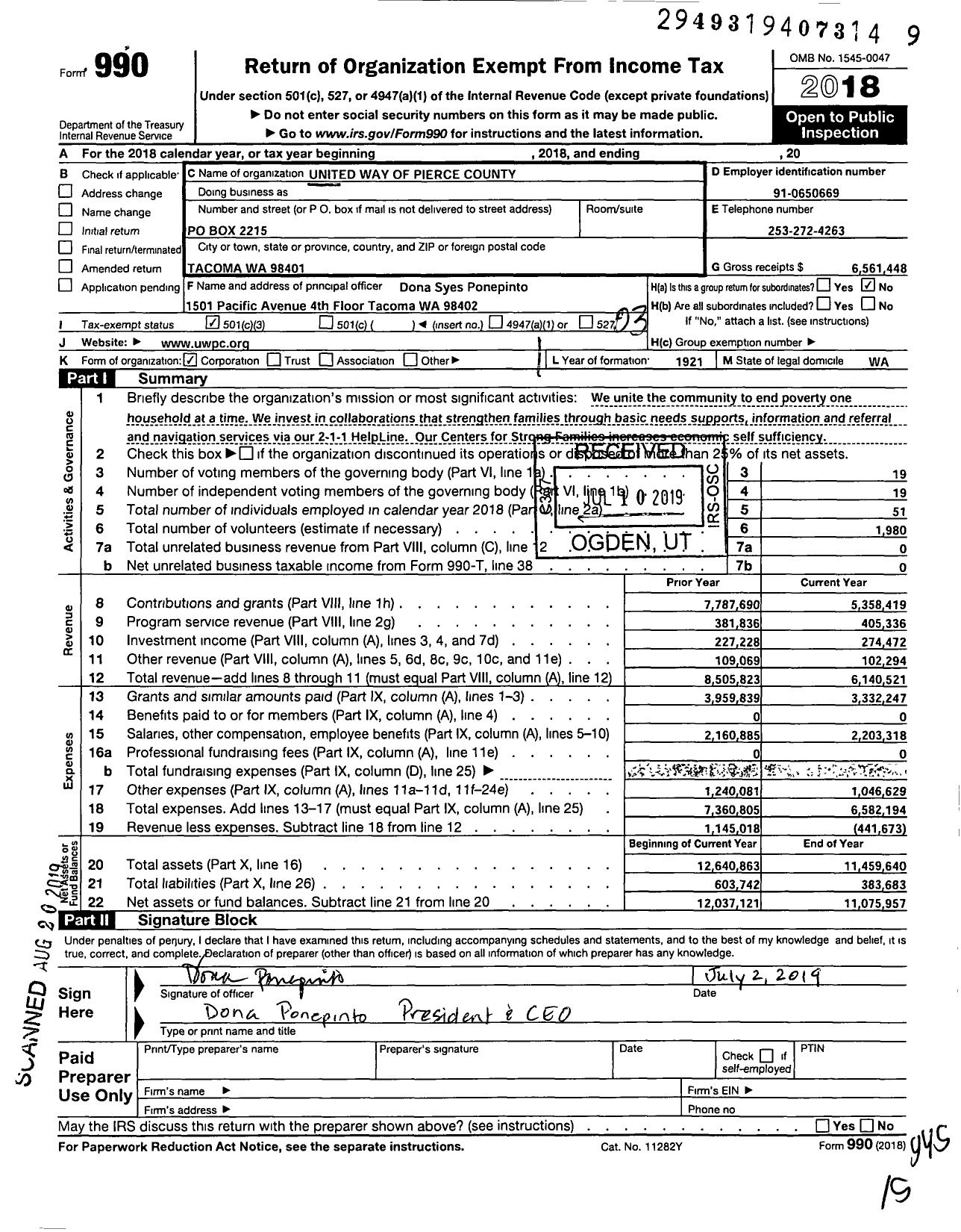 Image of first page of 2018 Form 990 for United Way of Pierce County (UWPC)