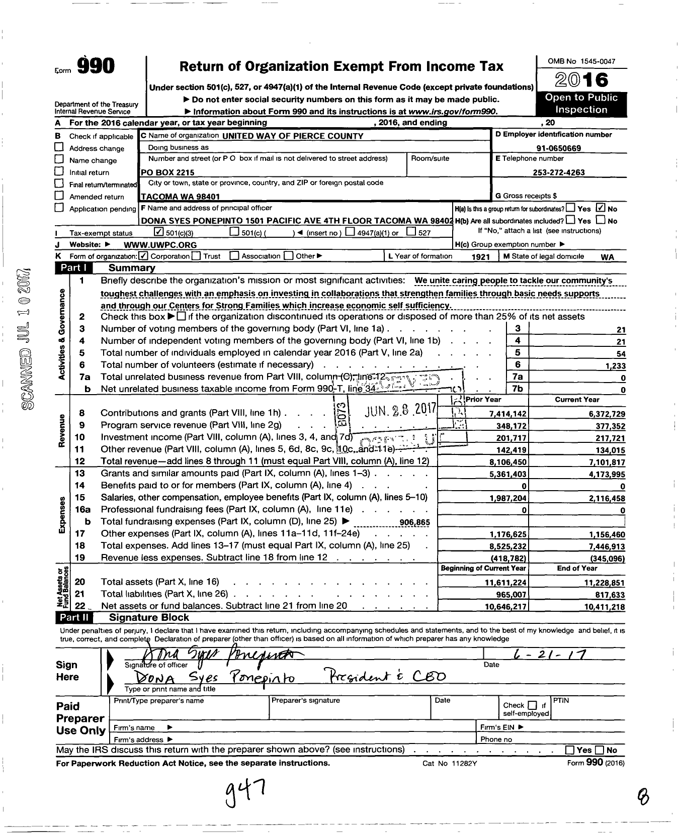 Image of first page of 2016 Form 990 for United Way of Pierce County (UWPC)