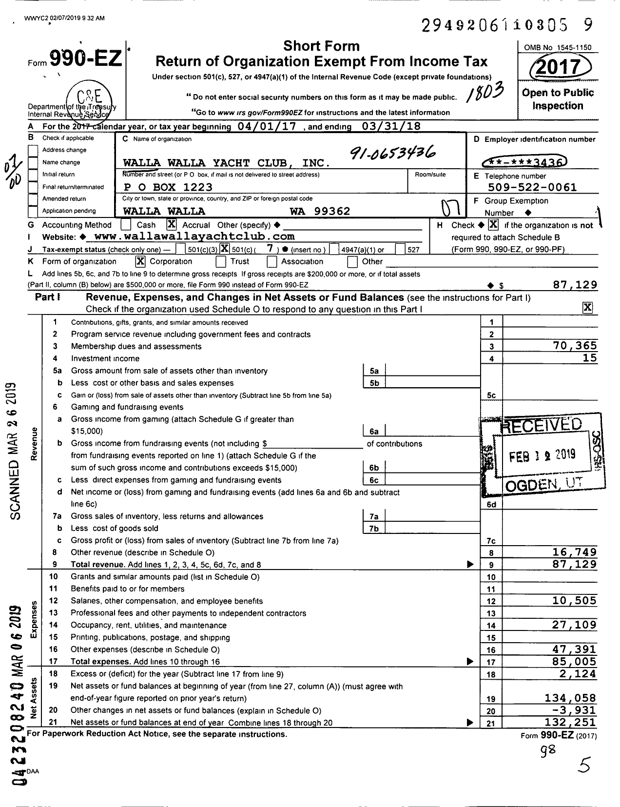 Image of first page of 2017 Form 990EO for Walla Walla Yacht Club