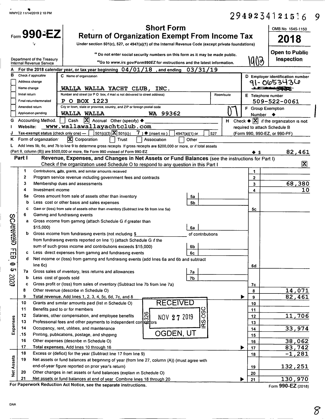 Image of first page of 2018 Form 990EO for Walla Walla Yacht Club