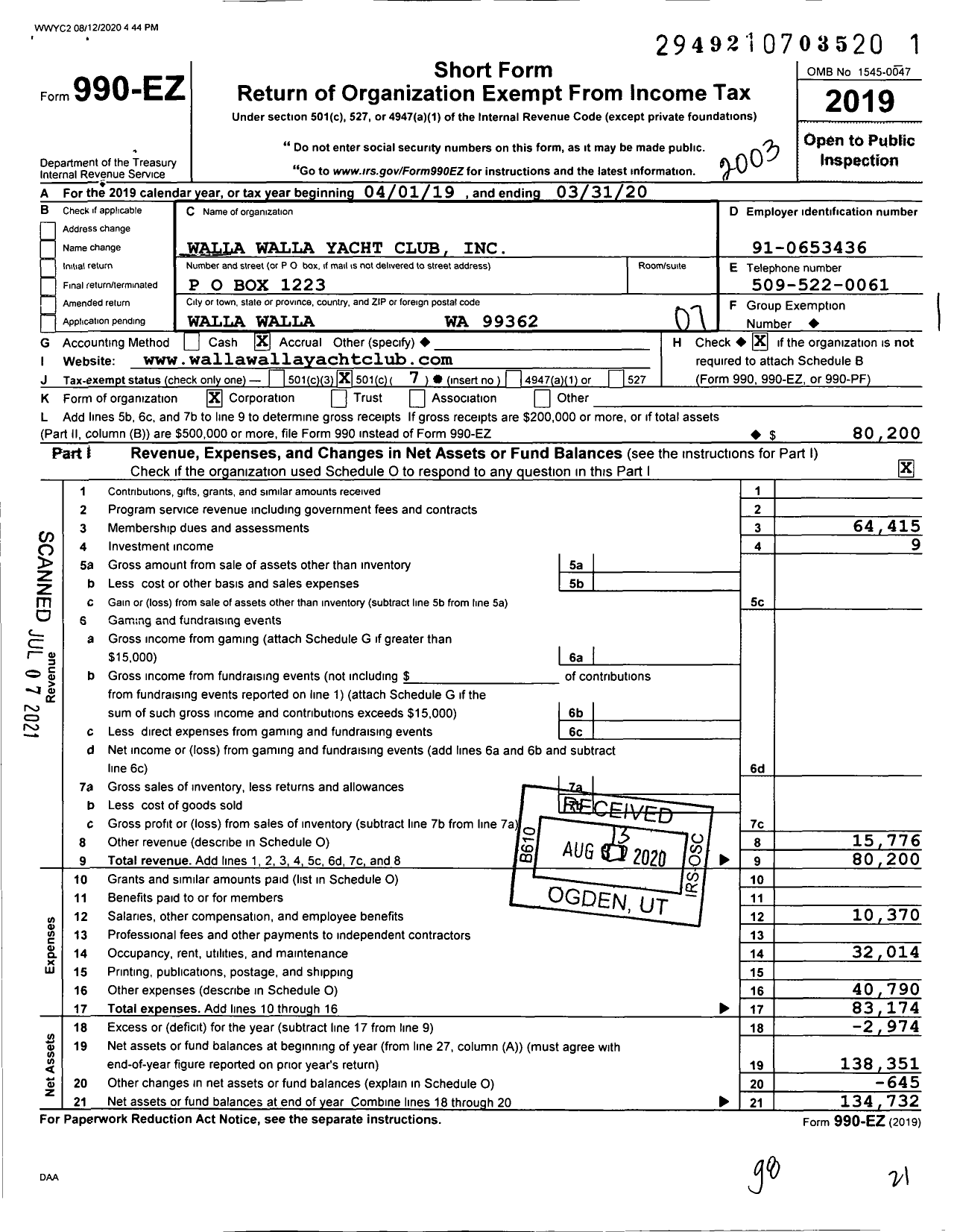 Image of first page of 2019 Form 990EO for Walla Walla Yacht Club