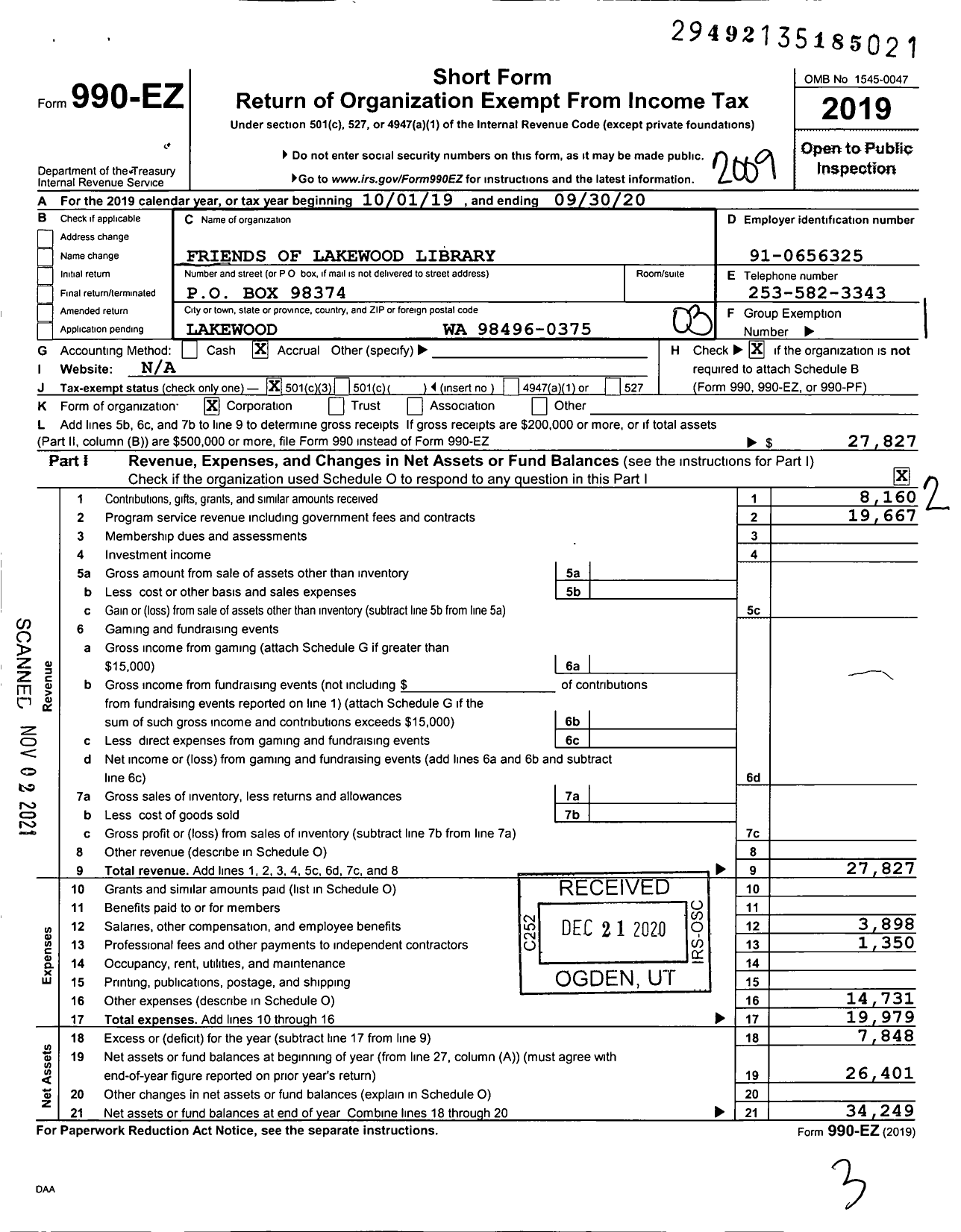 Image of first page of 2019 Form 990EZ for Friends of Lakewood Library