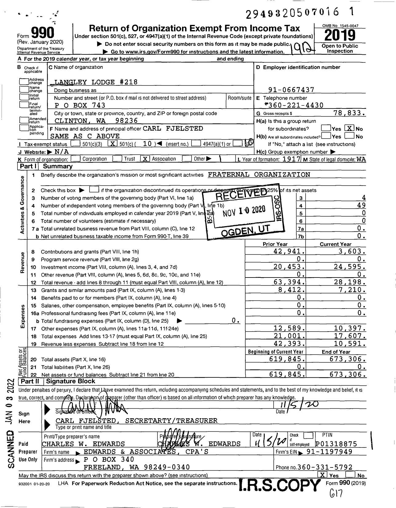 Image of first page of 2019 Form 990O for Free and Accepted Masons of Washington - 218 Langley