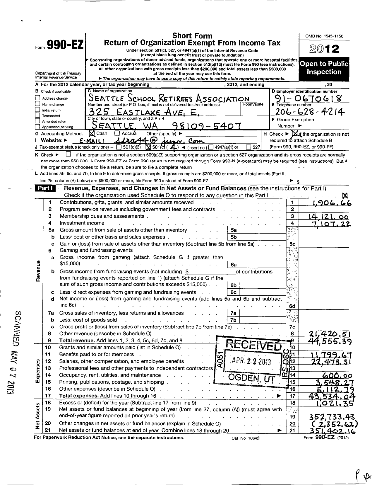 Image of first page of 2012 Form 990EO for Seattle School Retirees Association