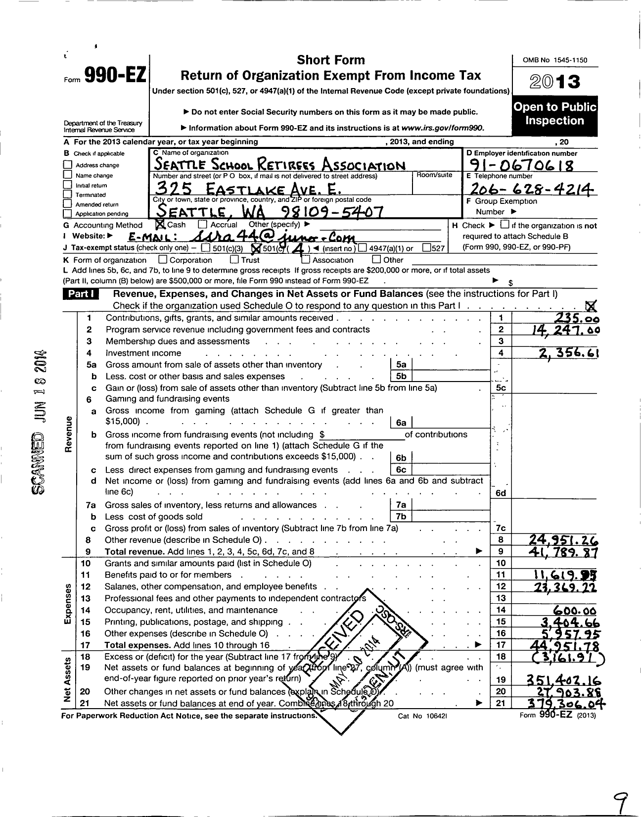 Image of first page of 2013 Form 990EO for Seattle School Retirees Association