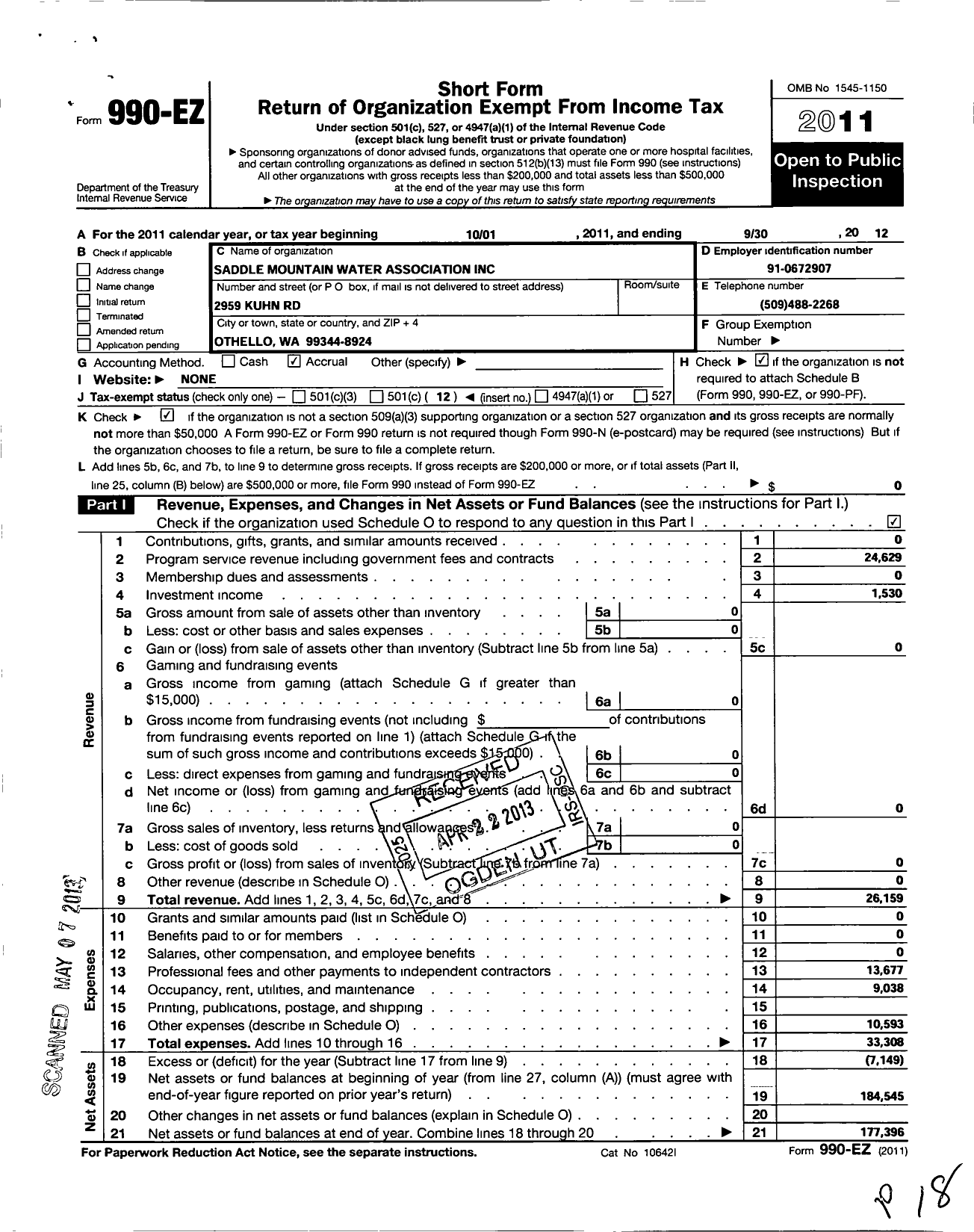 Image of first page of 2011 Form 990EO for Saddle Mountain Water Association