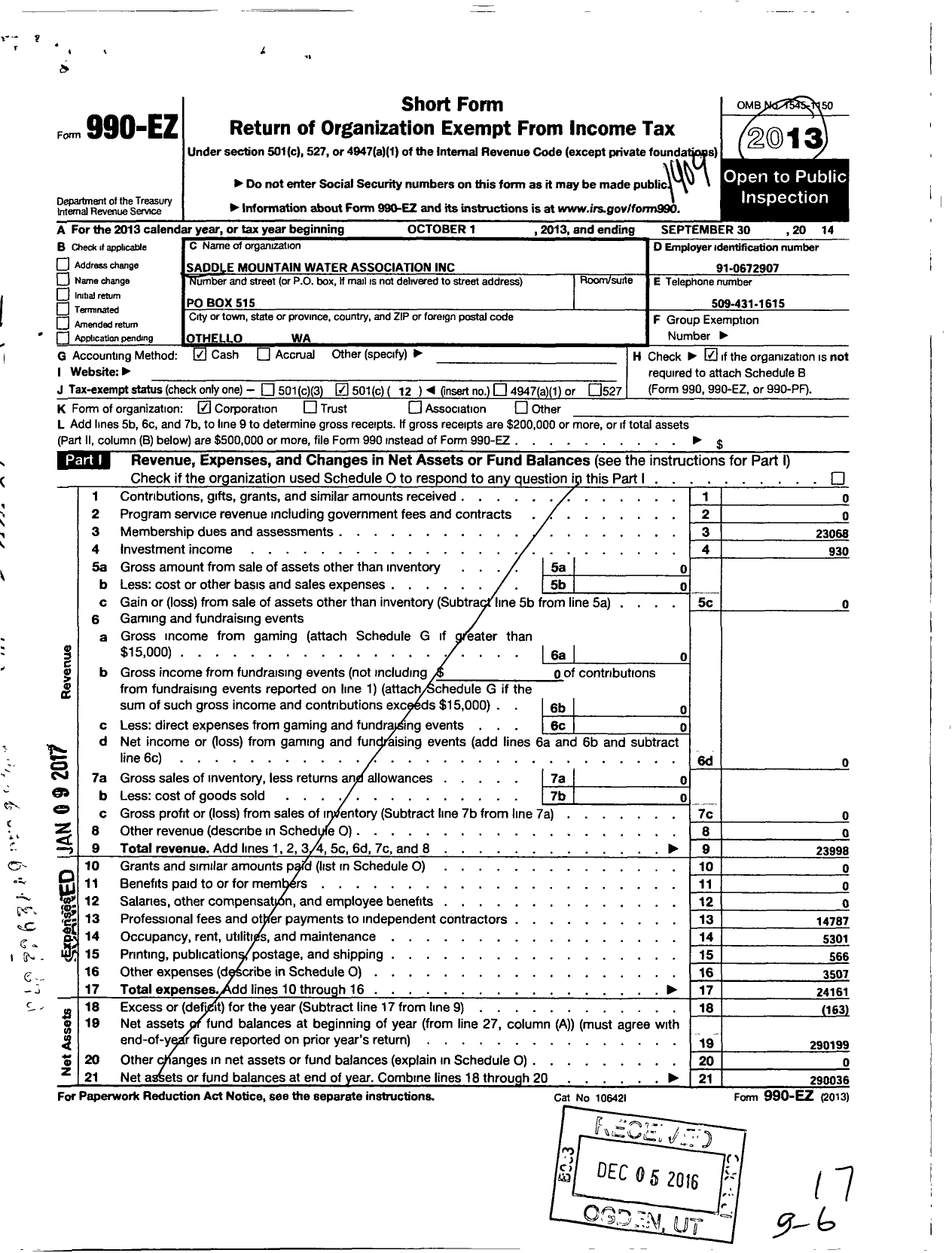 Image of first page of 2013 Form 990EO for Saddle Mountain Water Association