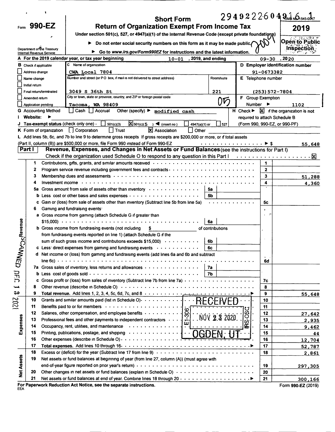 Image of first page of 2019 Form 990EO for Communications Workers of America - 7804